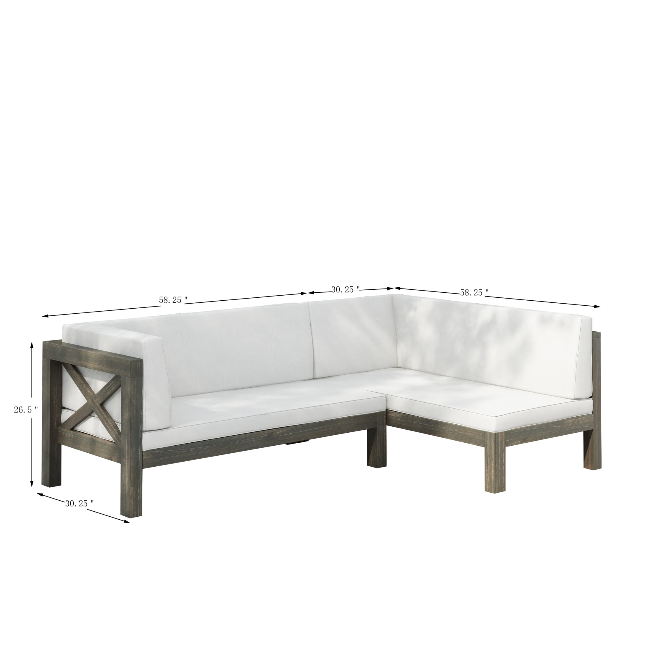 GDF Studio Mid-Century Modern 2-Piece Outdoor Patio Sofa Set, Left Corner Couch with Acacia Wood Frame and Water-Resistant Cushions (White, 88.5 in L x 58.25 in W x 26.5 in H) 0zj7y