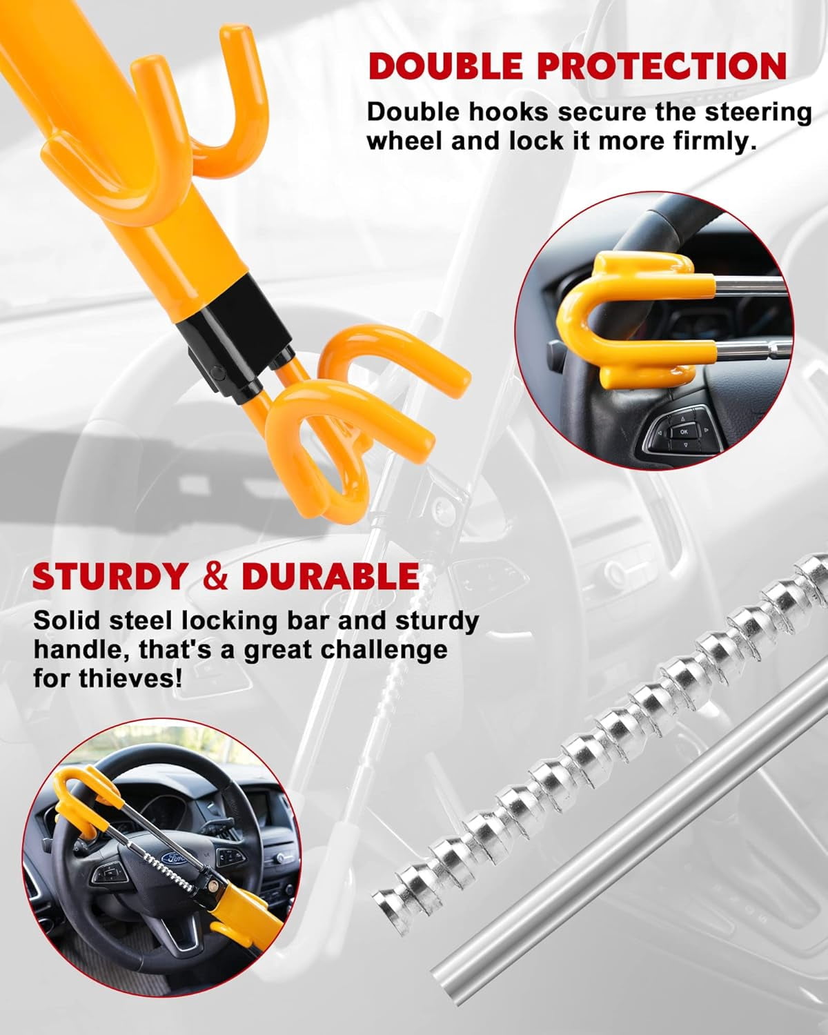 MRSXXNTY Steering Wheel Lock Heavy Duty Anti-Theft Security Device with 3 Keys (Yellow, 6.6 in to 12.4 in) ypzx3