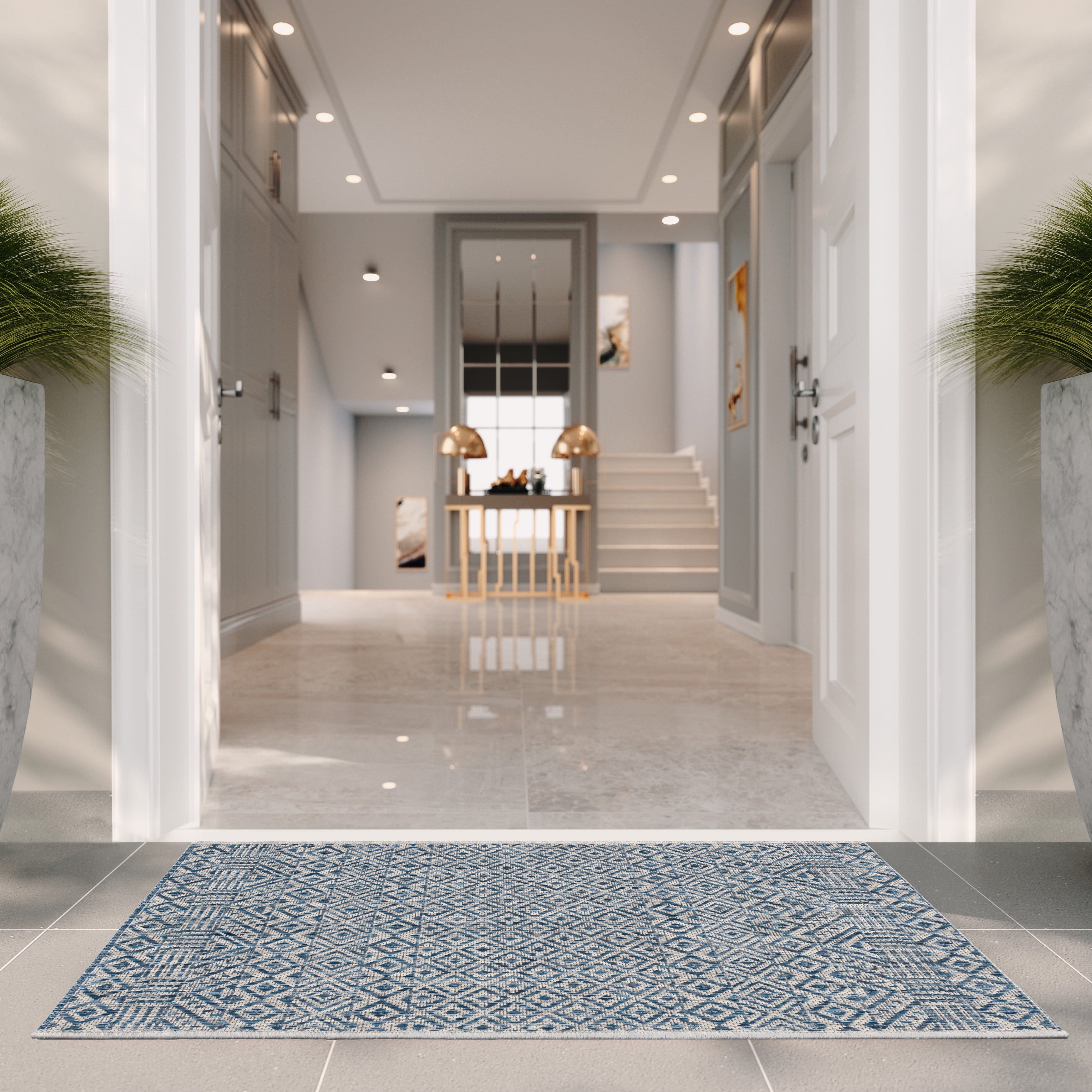 Safavieh Courtyard Evander Geometric Indoor/Outdoor Area Rug (Gray/Blue, 5 ft 3 in x 7 ft 7 in) hwgxc