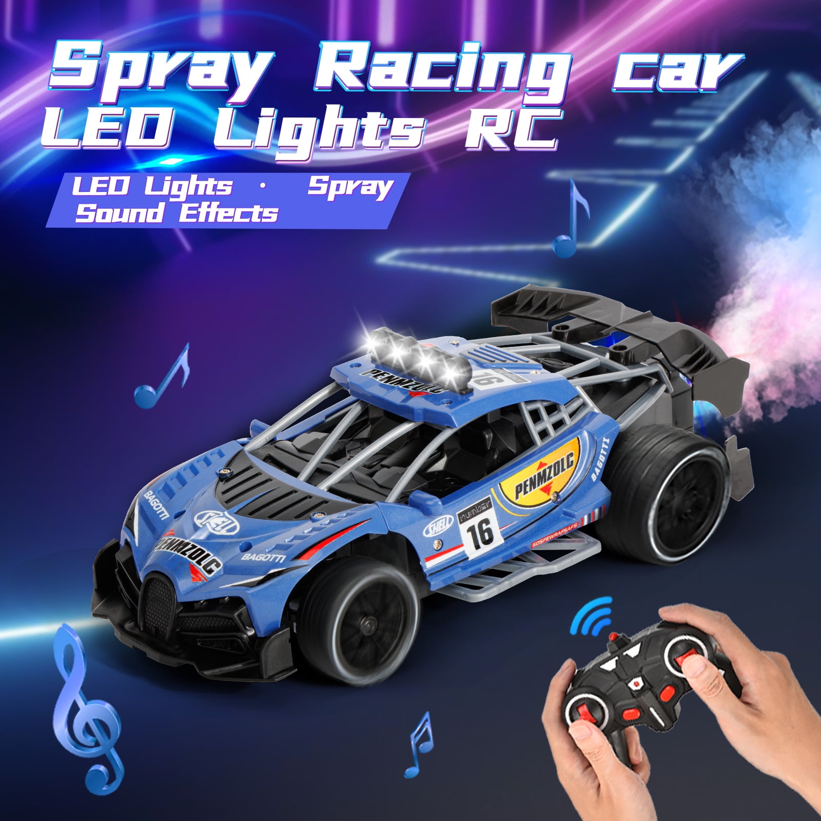 Kivdit Remote Control Car (1:16 Scale, 2.4GHz RC Drift Vehicle with LED Lights and Spray, Blue) k08mb