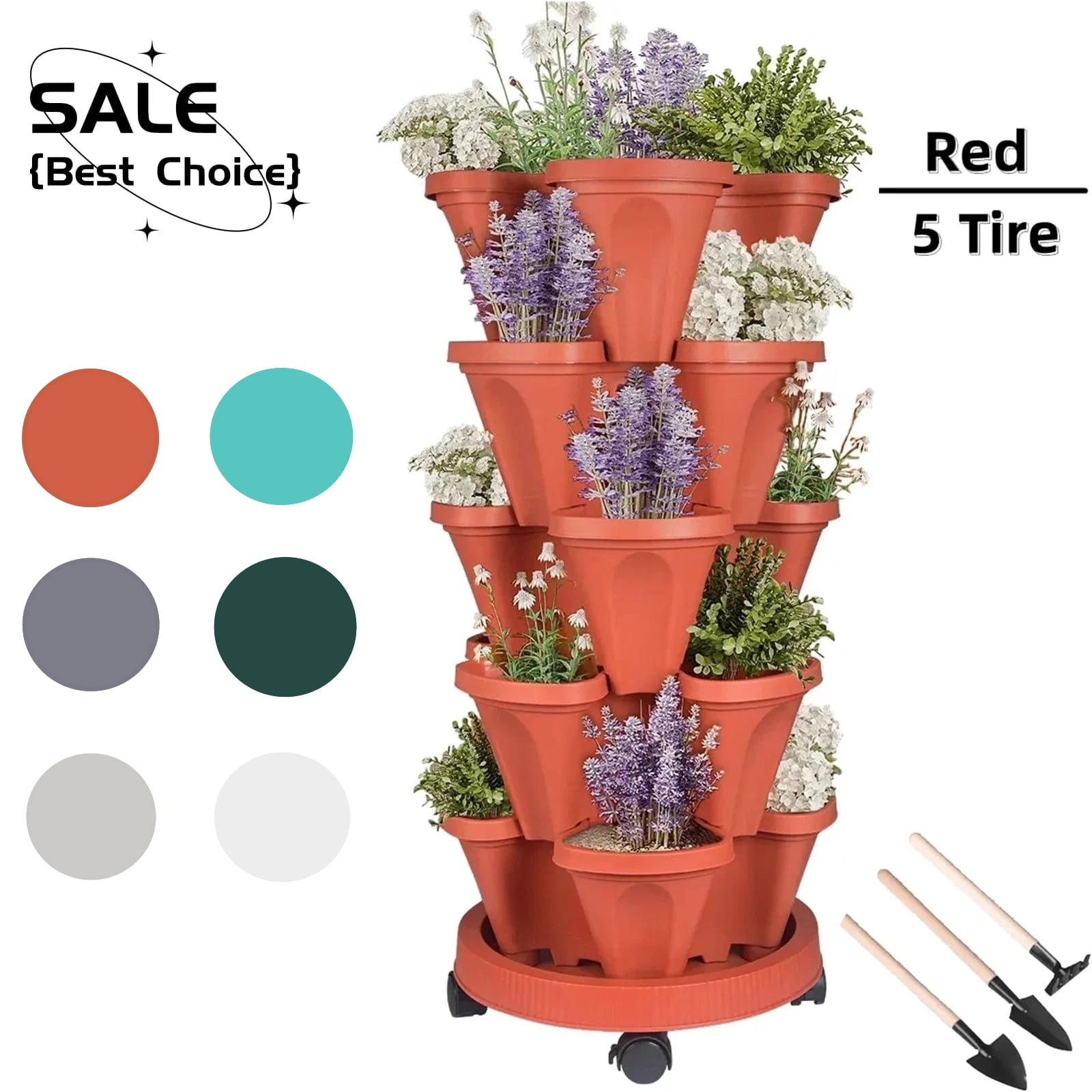 Gamexcel 5 Tier Vertical Garden Stackable Planter with Wheels and Gardening Tools (Red, 5 Tier) 4v7xm