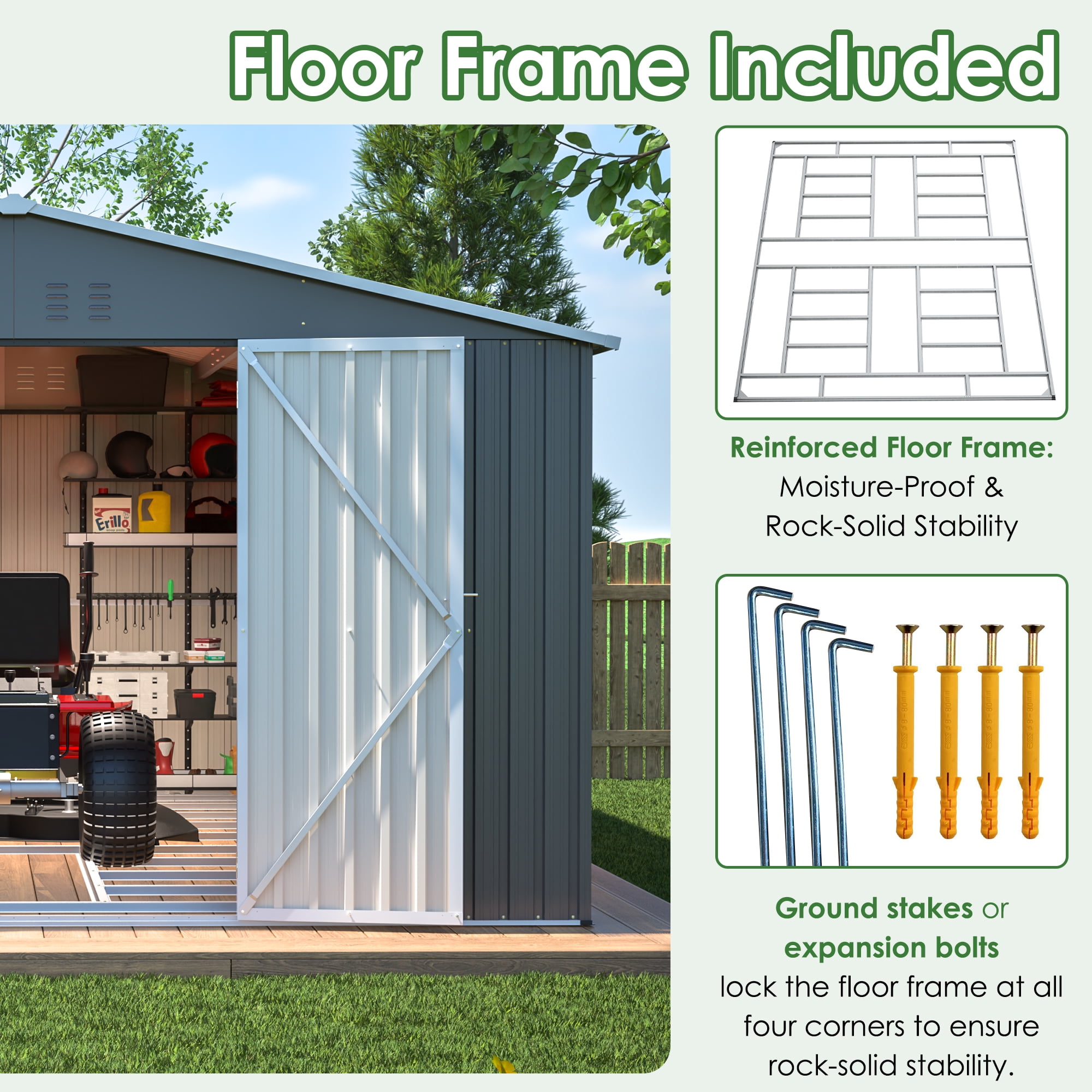 LZBEITEM Outdoor Storage Metal Shed, Galvanized Steel Garden Tool House with Floor Frame Kit and Lockable Doors (Gray, 11 x 13 ft) rda6a
