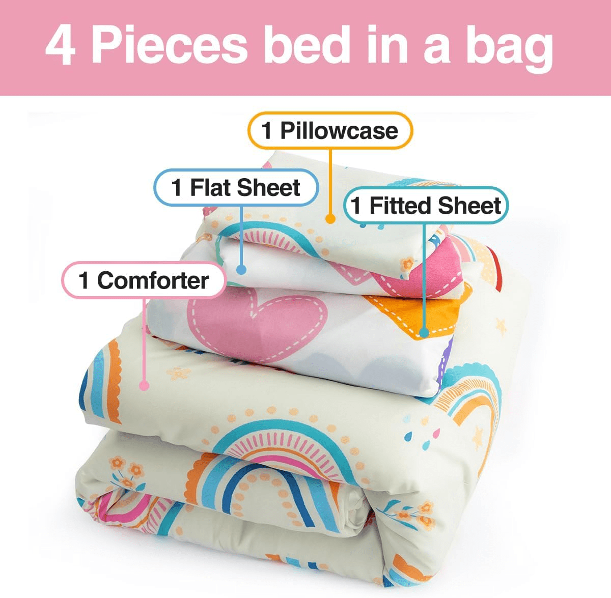 Btargot 4pc Rainbow Toddler Bedding Set, Soft Brushed Microfiber Comforter and Sheet Set (Multi-Color, Toddler Size) hp5qm