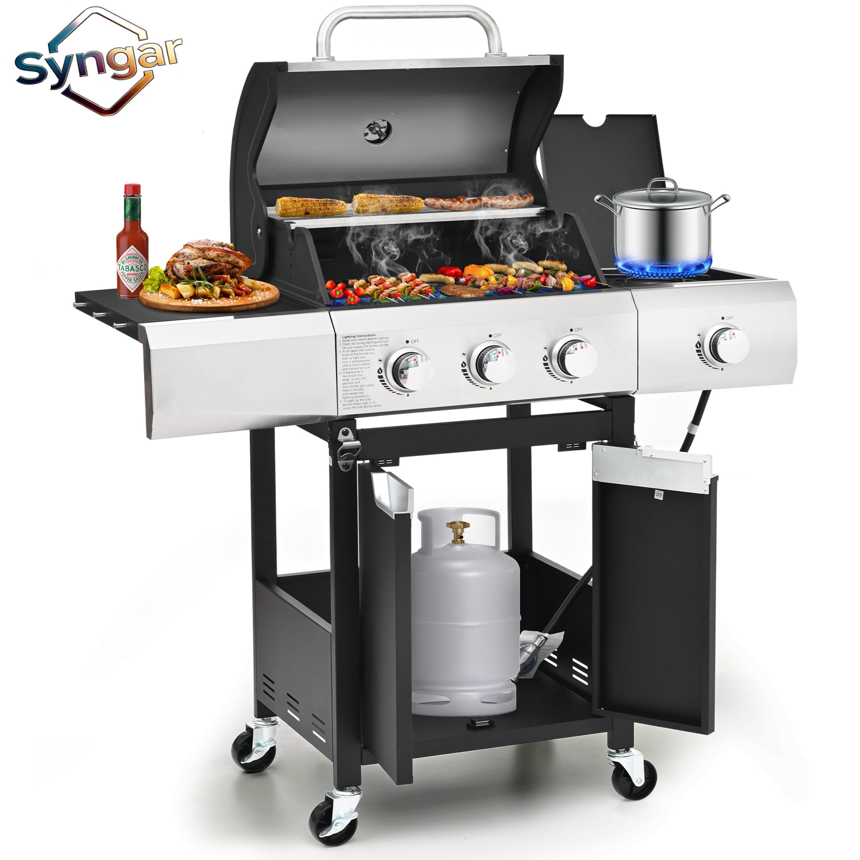 Syngar 3-Burner Propane Gas Grill with Side Burner, 40,500 BTU Outdoor BBQ Grill, Stainless Steel Construction (Silver, 287 sq.in. Cooking Area) wjg2k