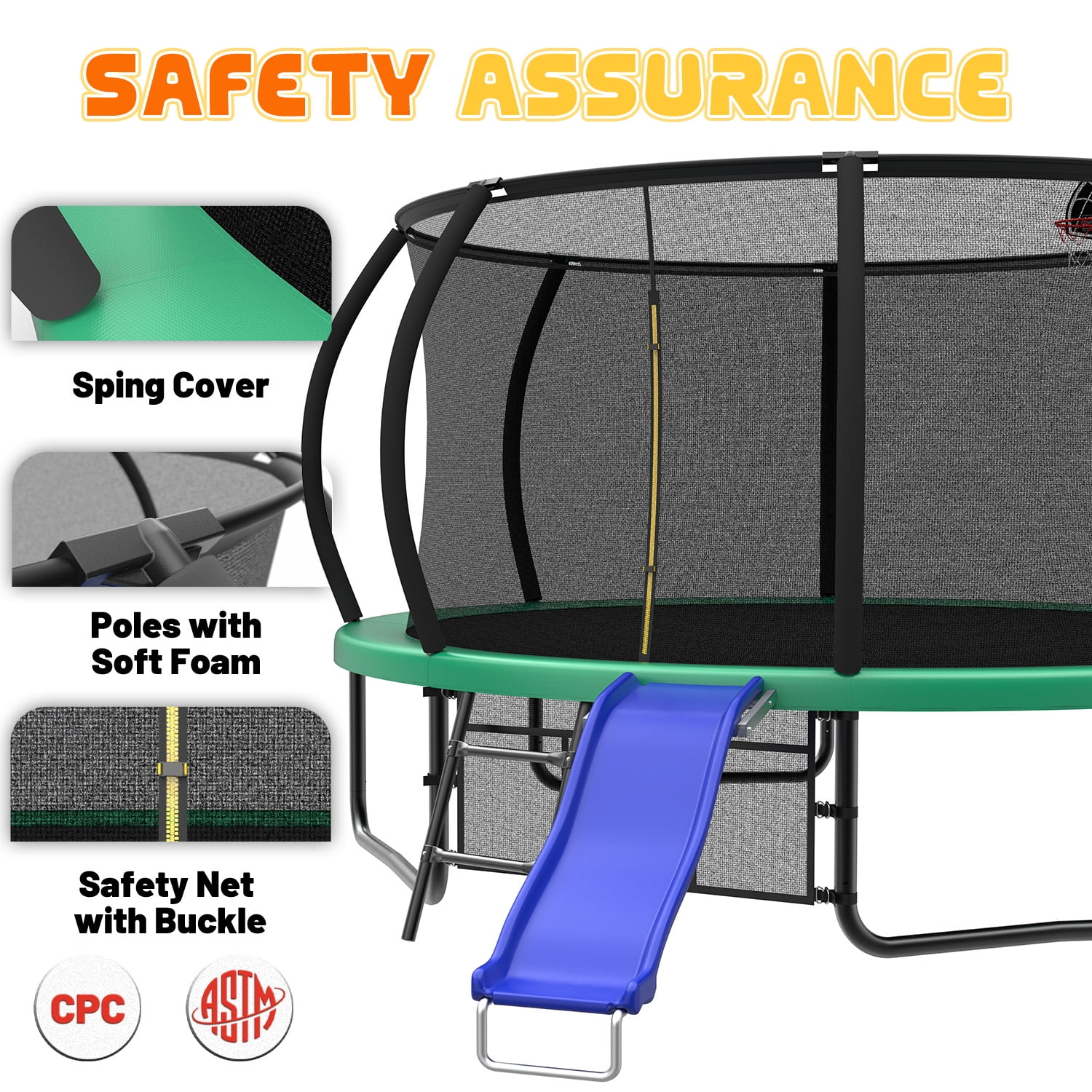 Mersco 12ft Heavy Duty Outdoor Trampoline with Enclosure Net, Slide, and Basketball Hoop (Green, 12 ft) gfnot