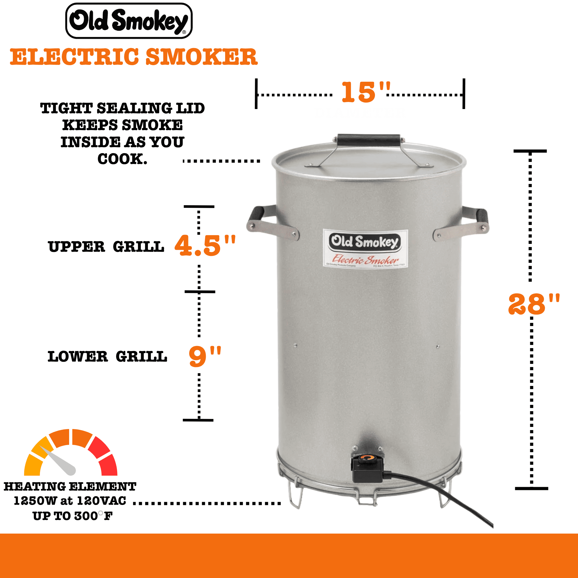 Old Smokey Electric Smoker, Outdoor BBQ Grill with Adjustable Heat Control and Dual Cooking Grates (Silver, 15 in) tcecs