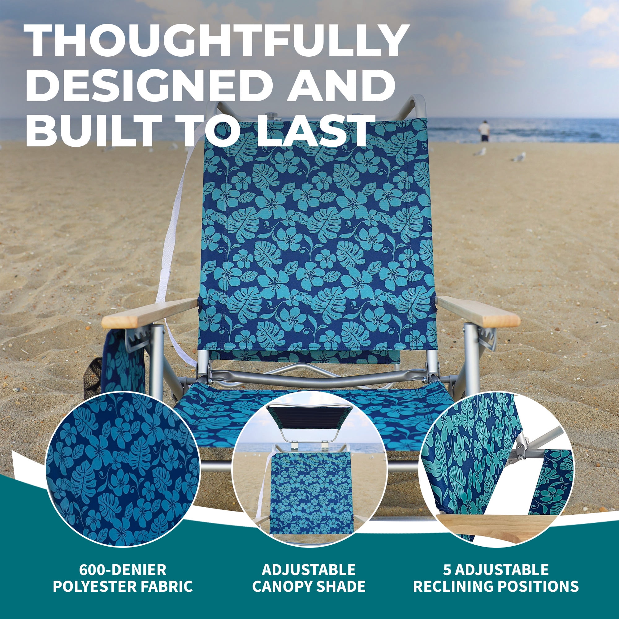 Bliss Hammocks Folding Beach Chair with Canopy and Cup Holder (Blue Flower, 275 lb Capacity) 7wkp9