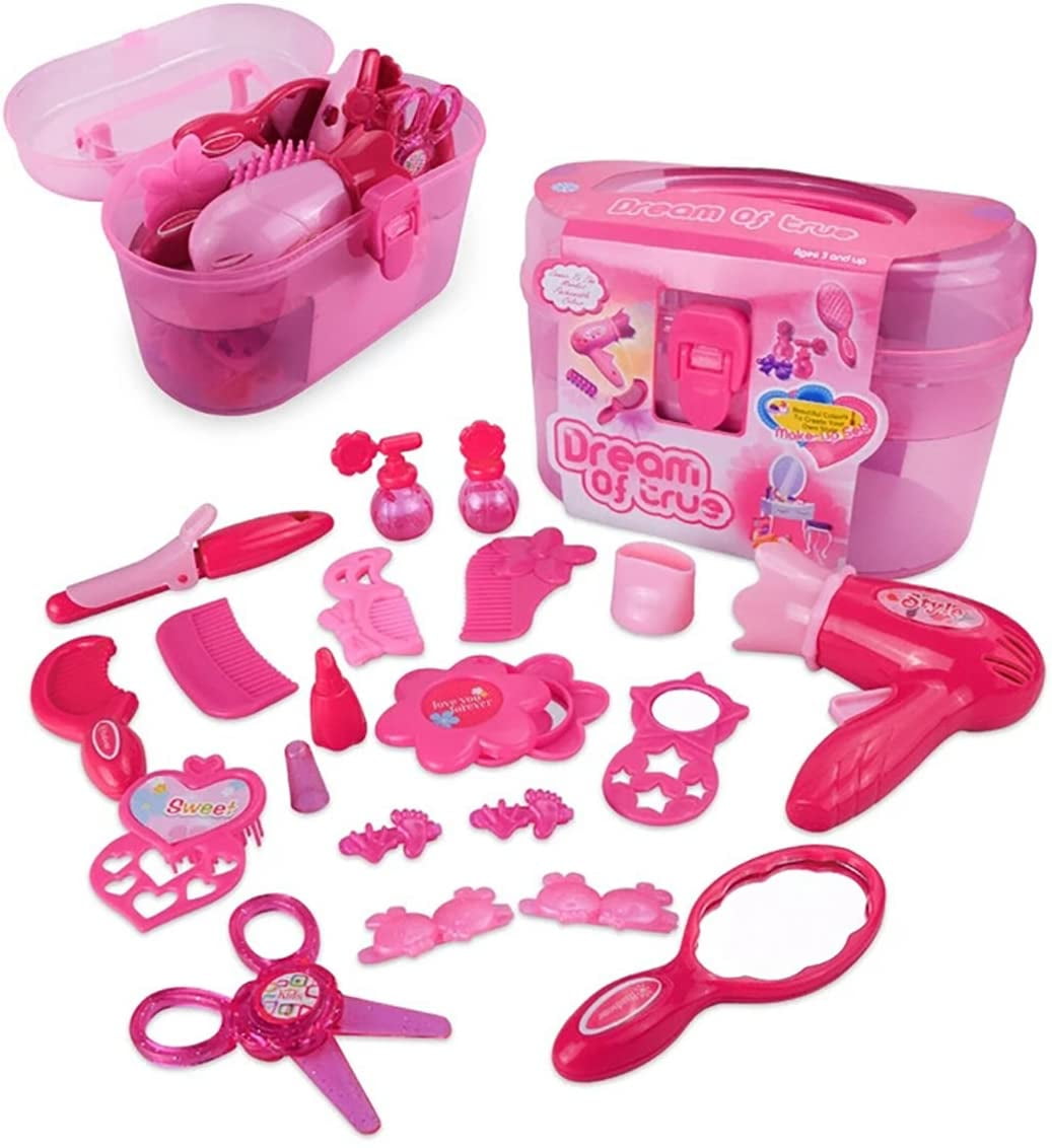 Rirool Pretend Play Makeup and Hair Salon Activity Set with Portable Carrying Case (Pink, 17-Piece Set) s7s60