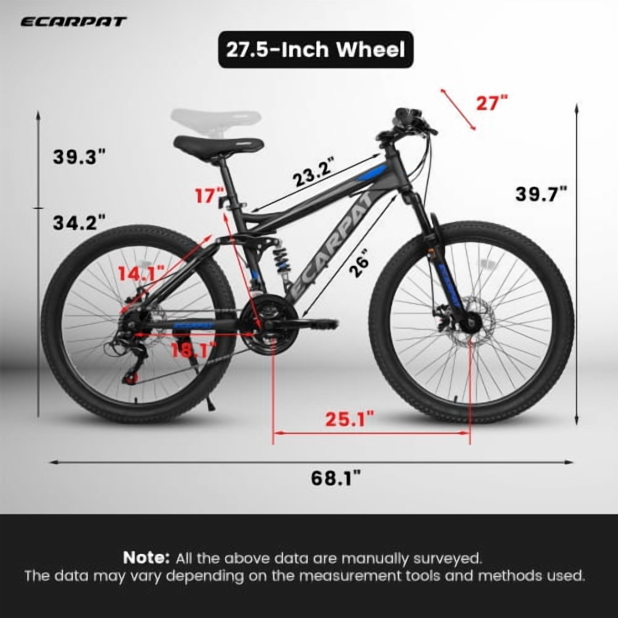 POVANLI 27 in Mountain Bike, Dual Full Suspension Trail Bicycle with 21-Speed Shimano Drivetrain and Dual Disc Brakes (Blue, 27 in) 1l7f5
