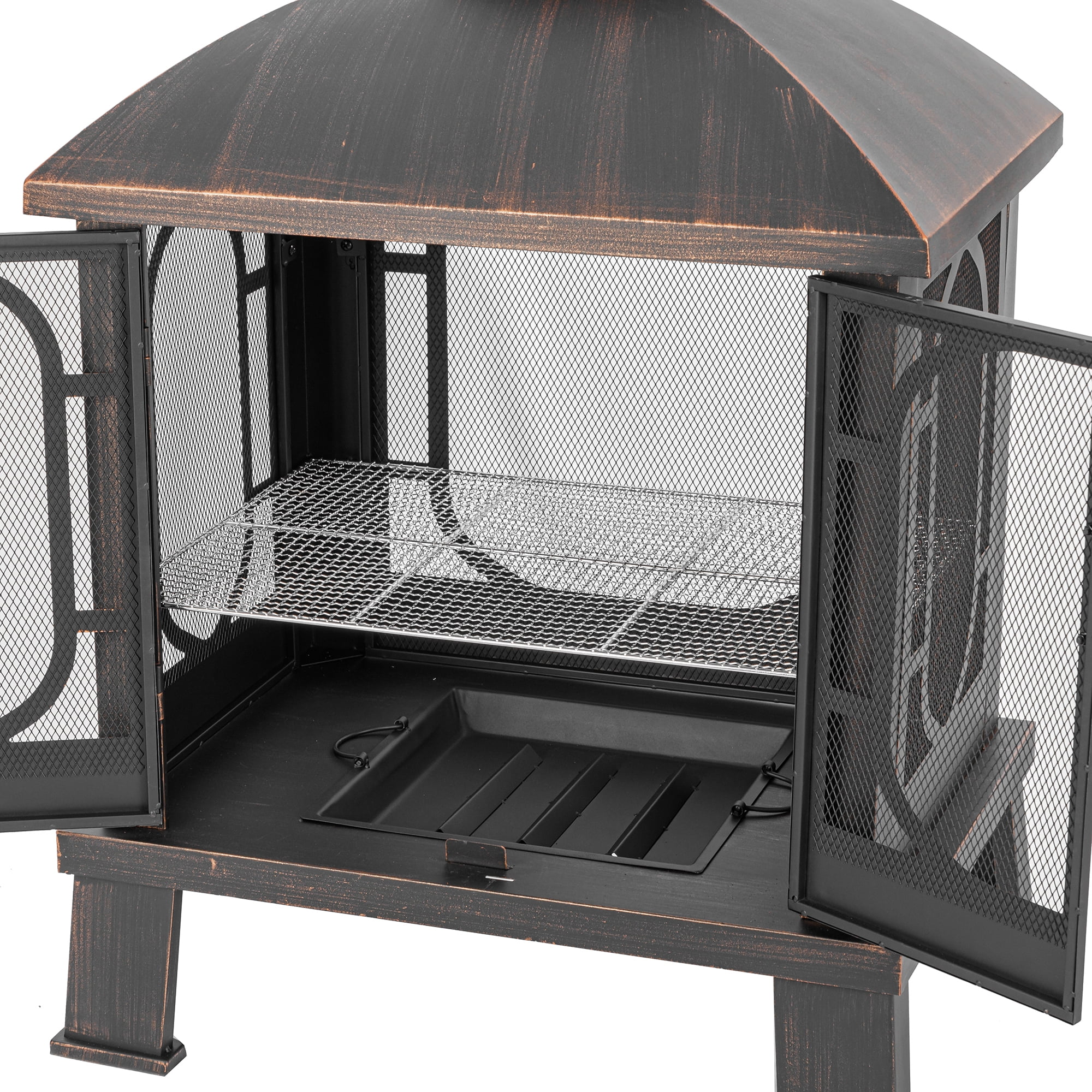 MistMo Metal Outdoor Fire Pit with BBQ Grill, Wood Burning Fireplace for Backyard (Antique Bronze, 45 in) f3j0l