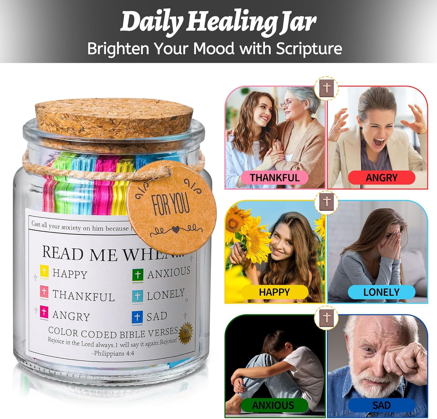 Ayieyill Bible Verse Jar with 96 Color-Coded Scripture Cards (Glass Jar, 1 Pack) 7rl2k