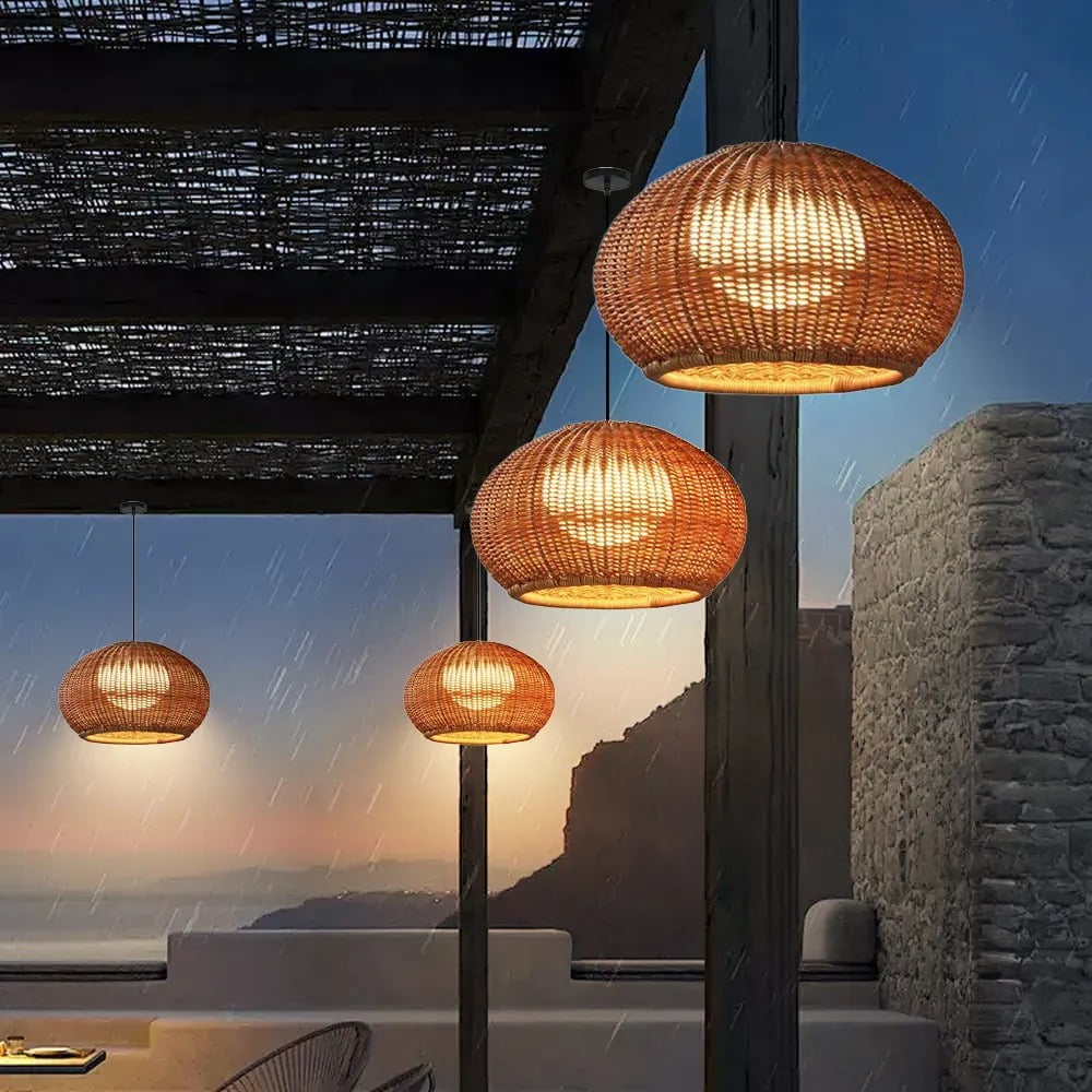 LittleGlovo Hand-woven Rattan Chandelier Waterproof Outdoor Hanging Light (Natural, 12 in) e5toj