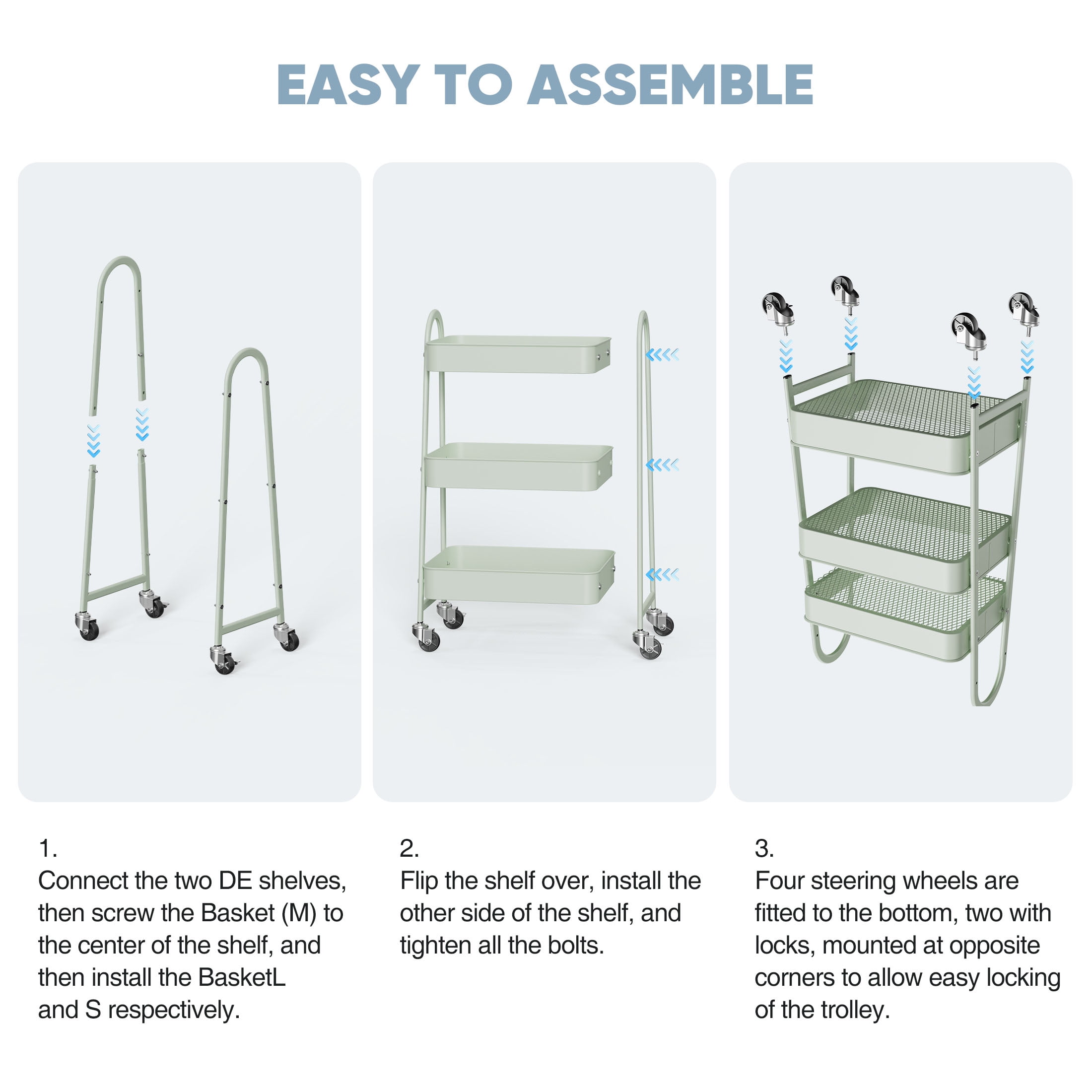 edx 3 Tier Rolling Utility Storage Cart, Heavy-Duty Metal Organizer with Lockable Wheels (Green, 15.83 in x 12.04 in x 31 in) ltwe8