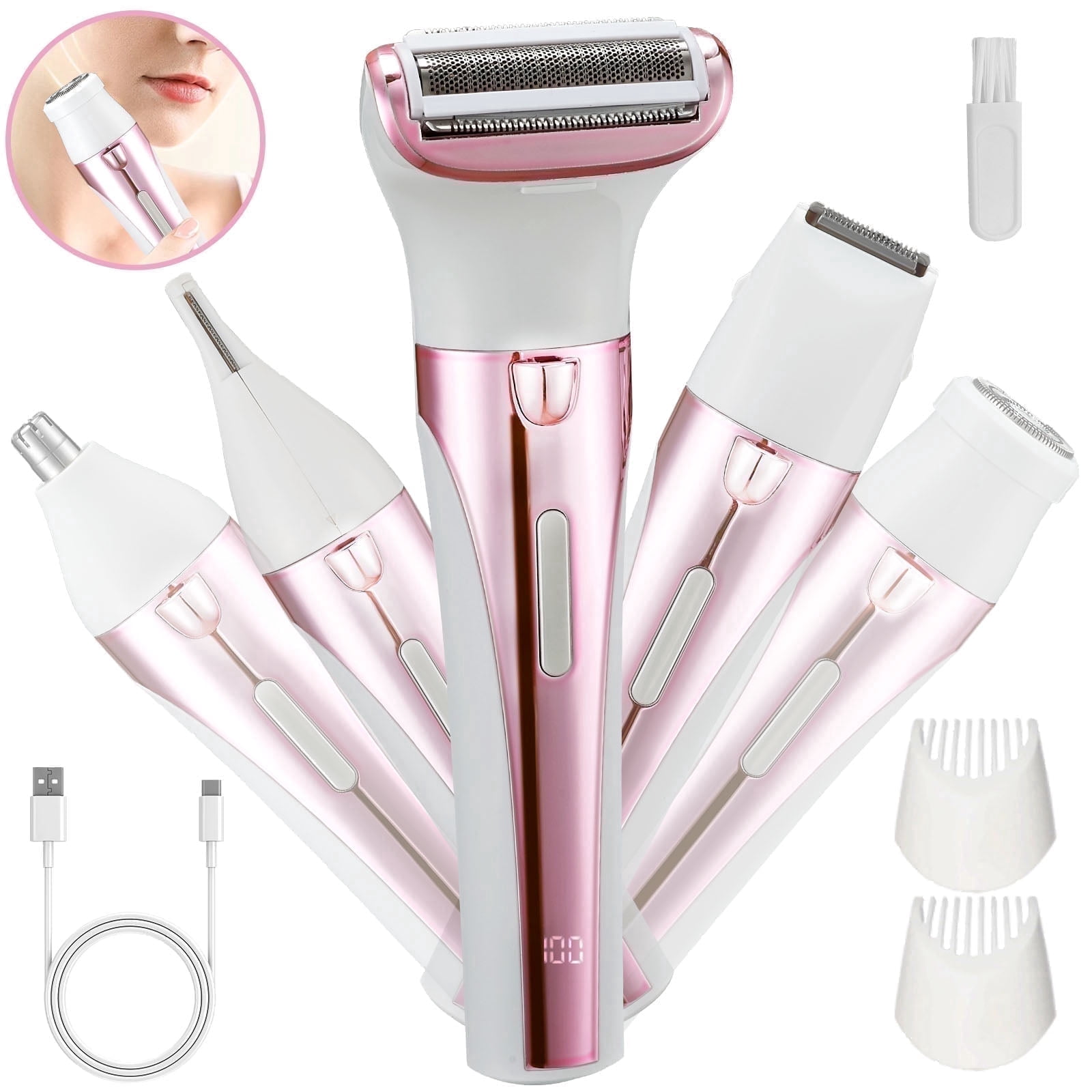 TURKIO 5-in-1 Electric Shaver for Women, Cordless Rechargeable Hair Removal Trimmer for Face and Body (Pink, 1 Count) ndu8g