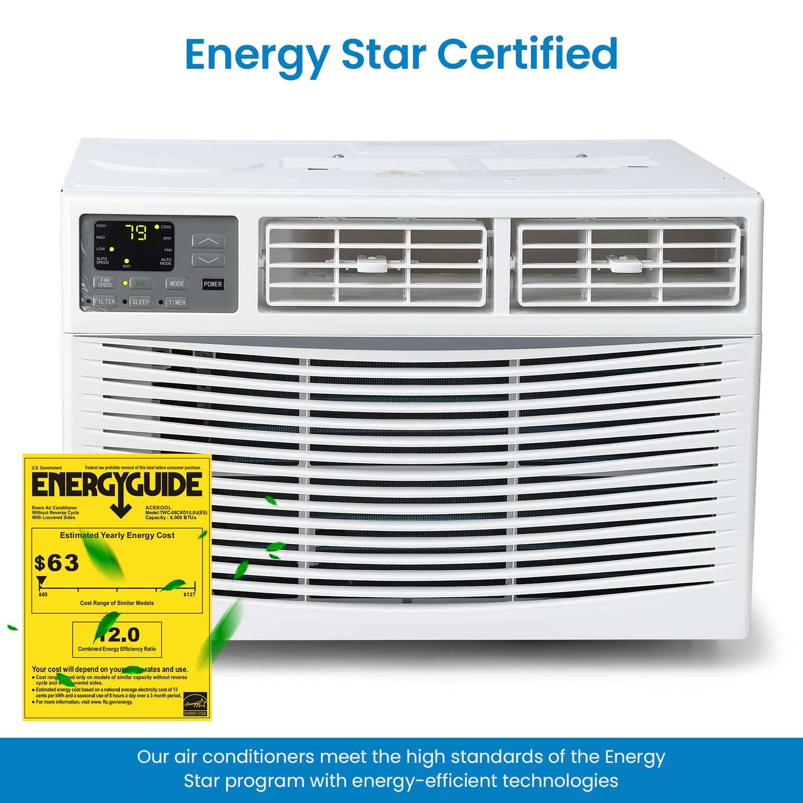 Meiyiu 8,000 BTU Smart Window Air Conditioner, WiFi Enabled Cooling for Rooms up to 350 Sq. Ft. (White, 18.58 in x 15.59 in x 13.31 in) qh2ky