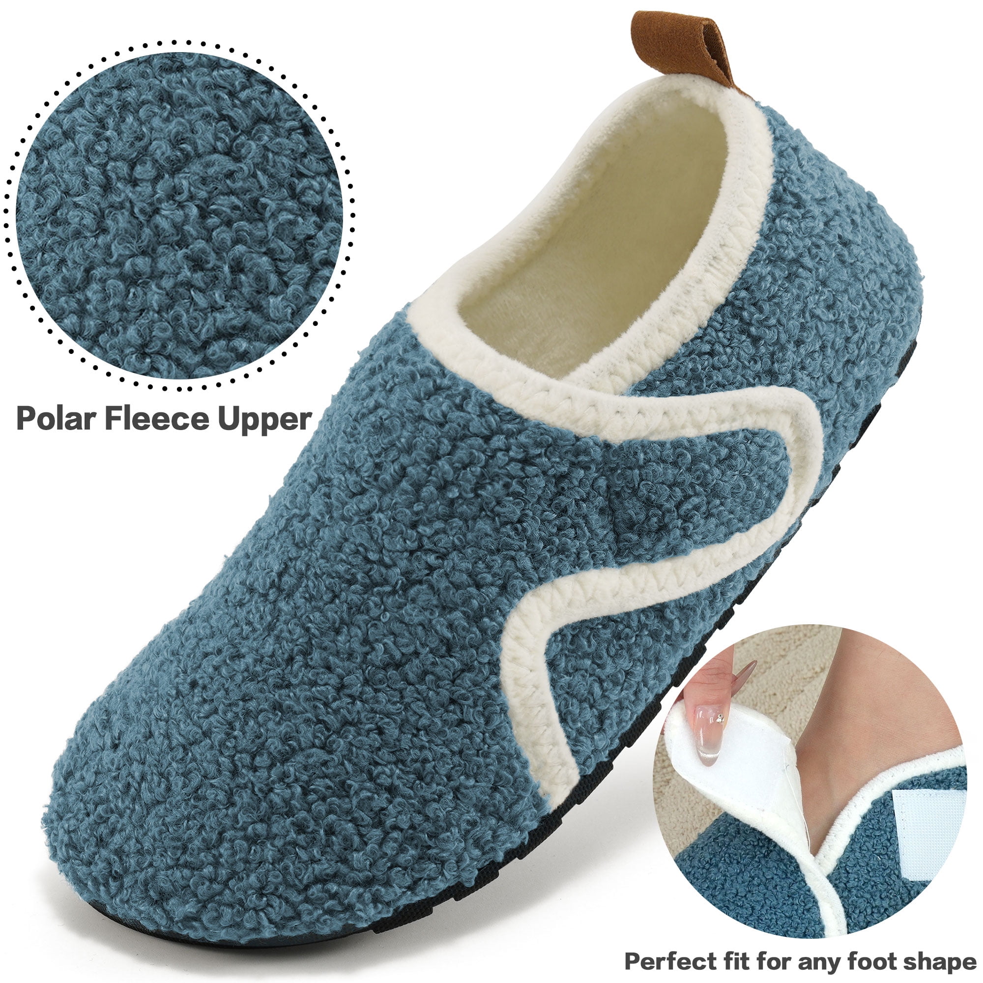Ecetana Women's Fuzzy House Slippers Adjustable Hook and Loop Warm Indoor Shoes (Blue, Medium) nxybi