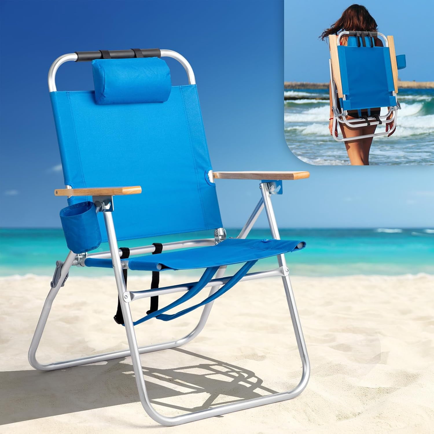 PEXMOR Portable Aluminum Beach Chair, 3-Position Reclining Backpack Chair with Cup Holder (Pink, 17 in Seat Height) ypuff