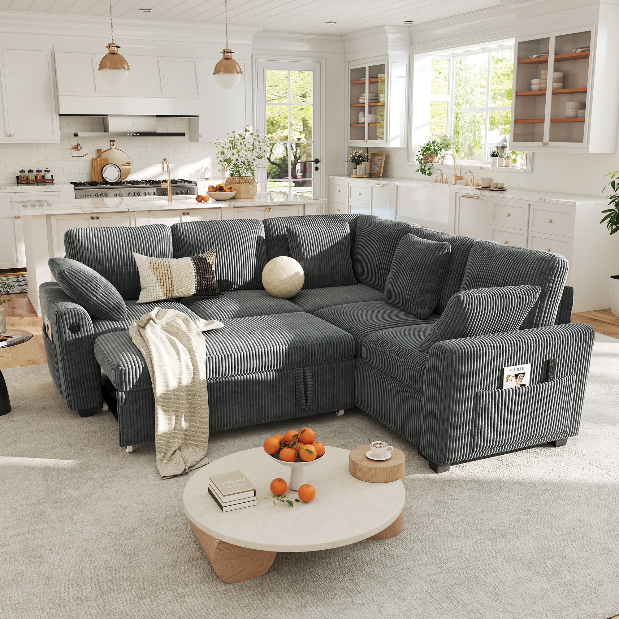 BedLuxury Sectional Sleeper Sofa with Pull-Out Bed, Storage, and USB Charging (Corduroy Gray, 83 in) hox21