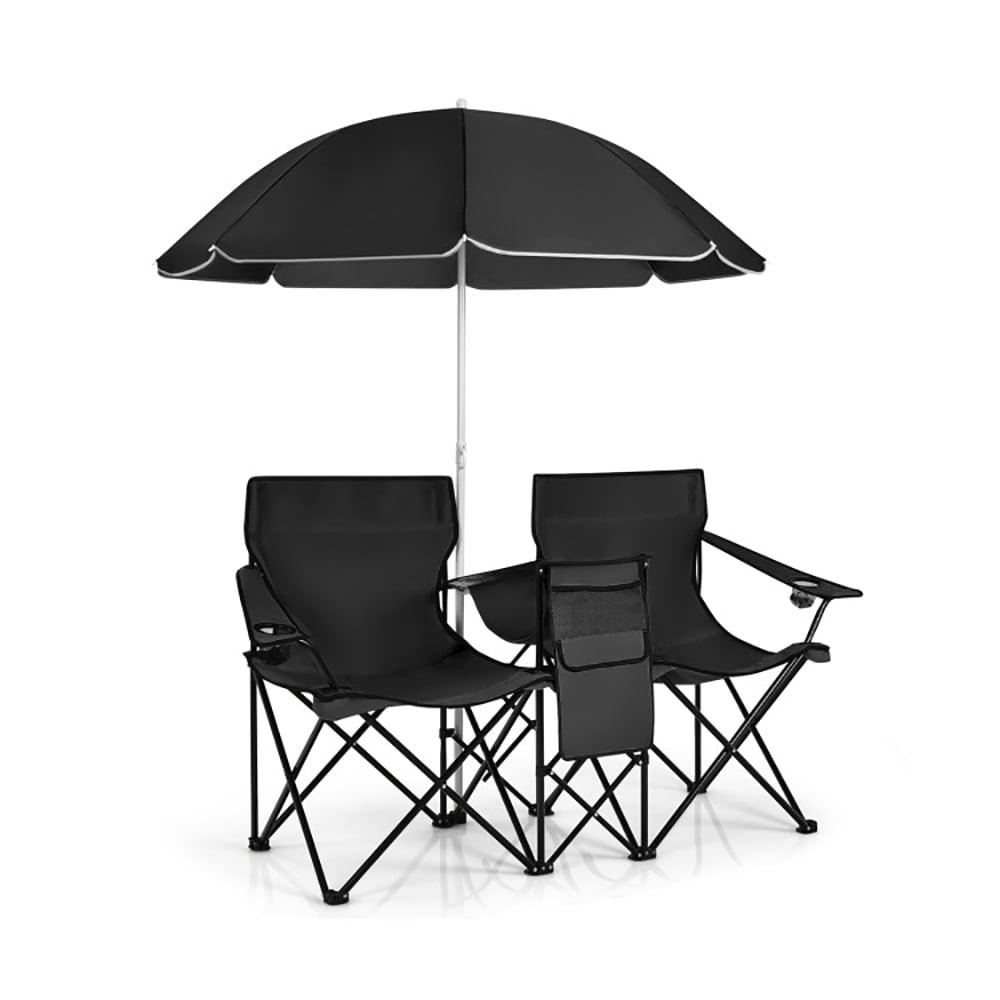 Kadyn Double Folding Camping Chair with Umbrella, Portable Outdoor Picnic Loveseat with Cooler Bag (Black, 2-Seat) vqnre