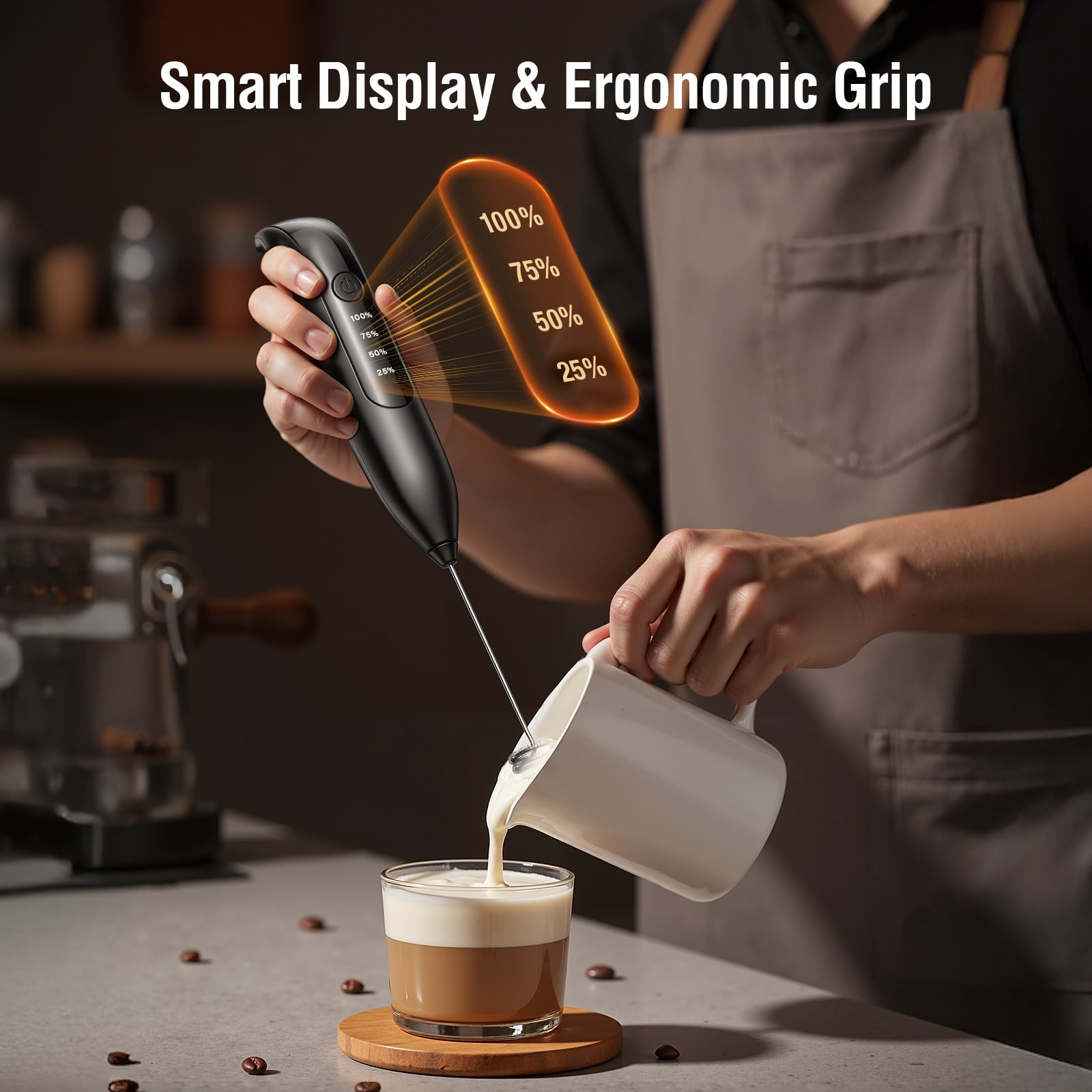 Skdwakiz Electric Milk Frother Handheld Rechargeable Wand with 3 Whisks, LED Display & Magnetic Stand (Black, 1 Unit) 5heaa