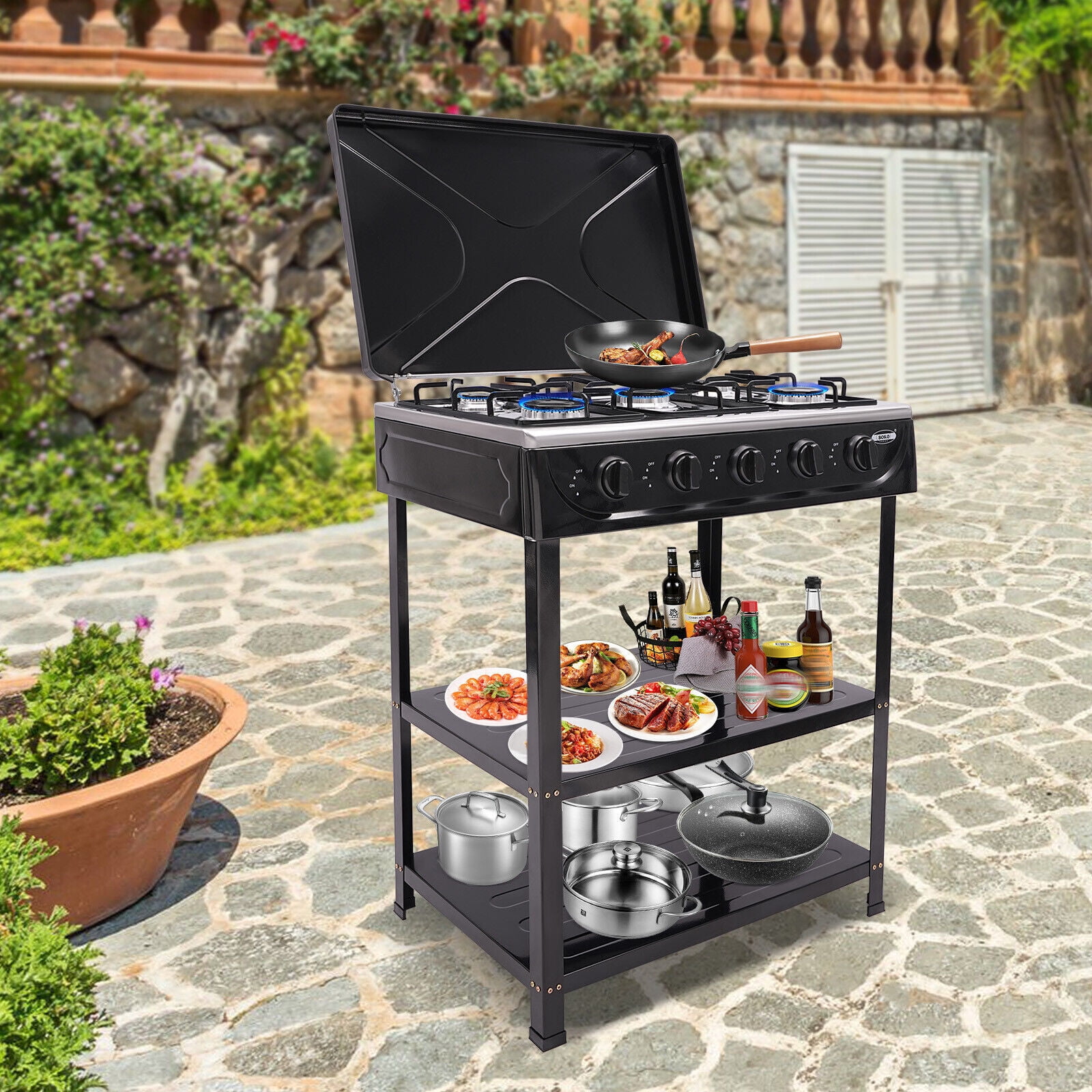Generic 5-Burner Gas Stove Outdoor Camping BBQ Grill with 2-Tier Storage Rack (Black) g36xu