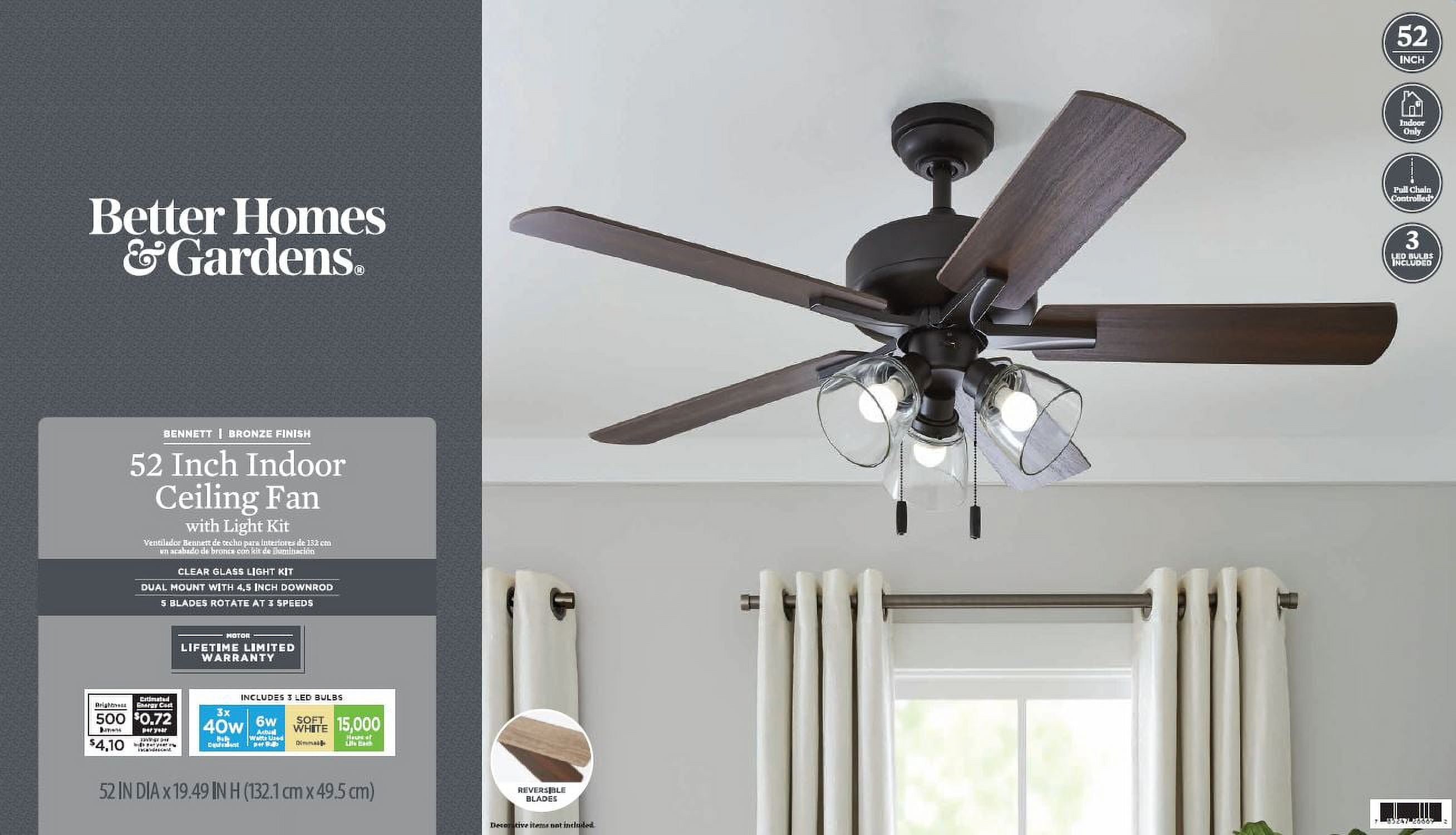 Better Homes & Gardens 52 in Transitional Ceiling Fan with Light Kit (Bronze, 52 in) xo5c4
