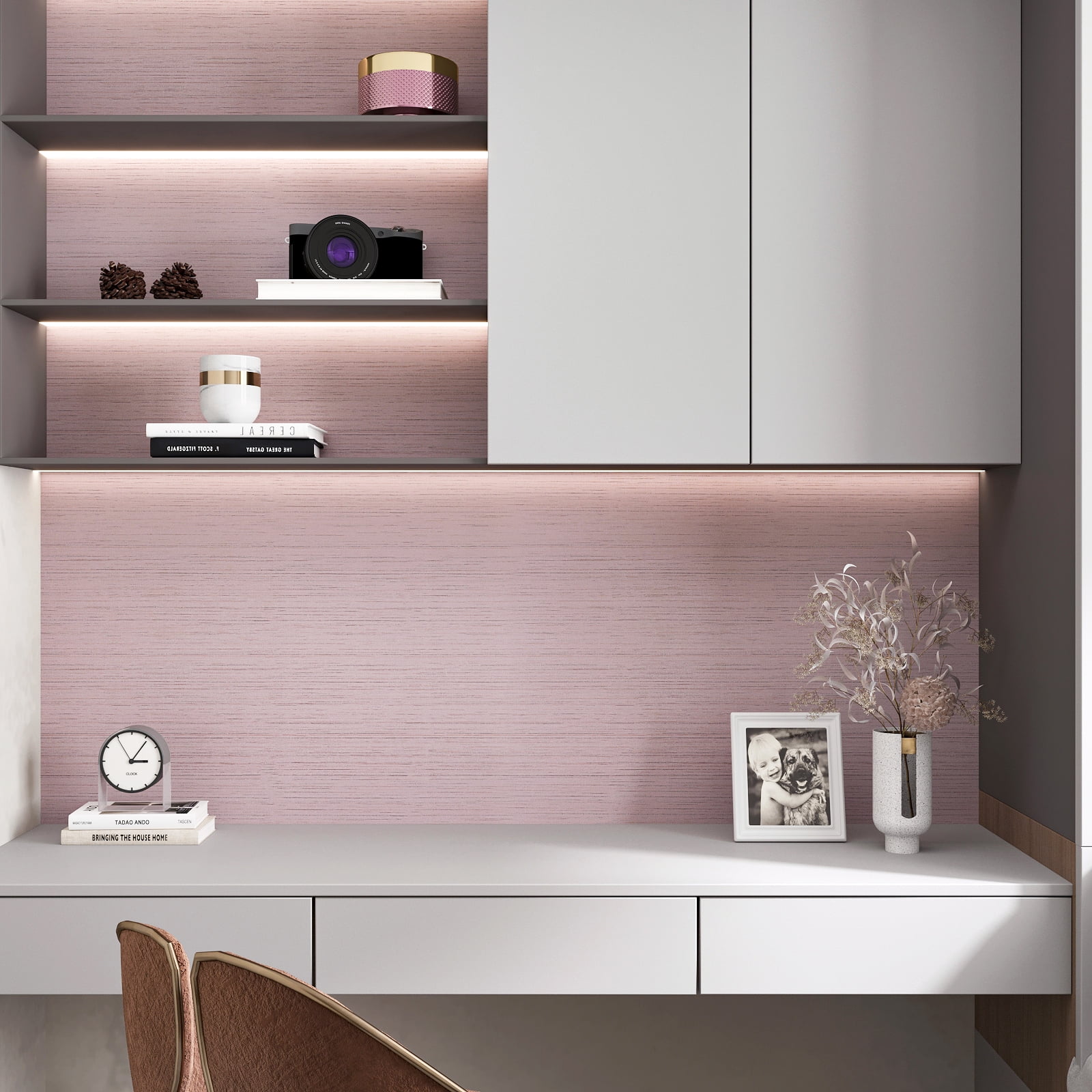 CHIHUT Peel and Stick Grasscloth Wallpaper, Textured Vinyl Self-Adhesive Wall Covering for Bedroom (Light Pink, 17.7 in x 100 in) lg4x3