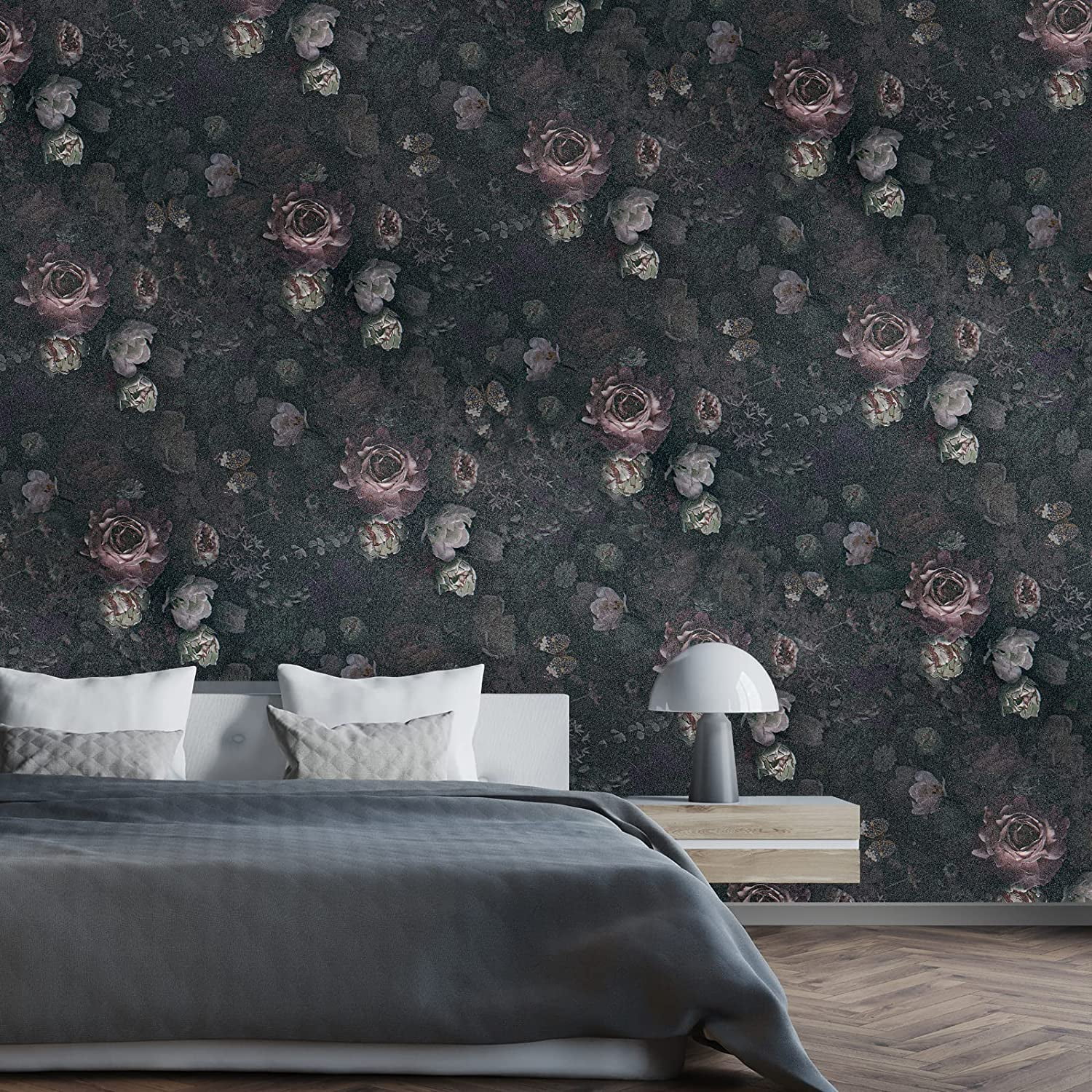 VEELIKE Vintage Dark Floral Peel and Stick Wallpaper, Boho Peony Removable Self-Adhesive Wall Decor (Black, 15.7 in x 118 in) l4nnh