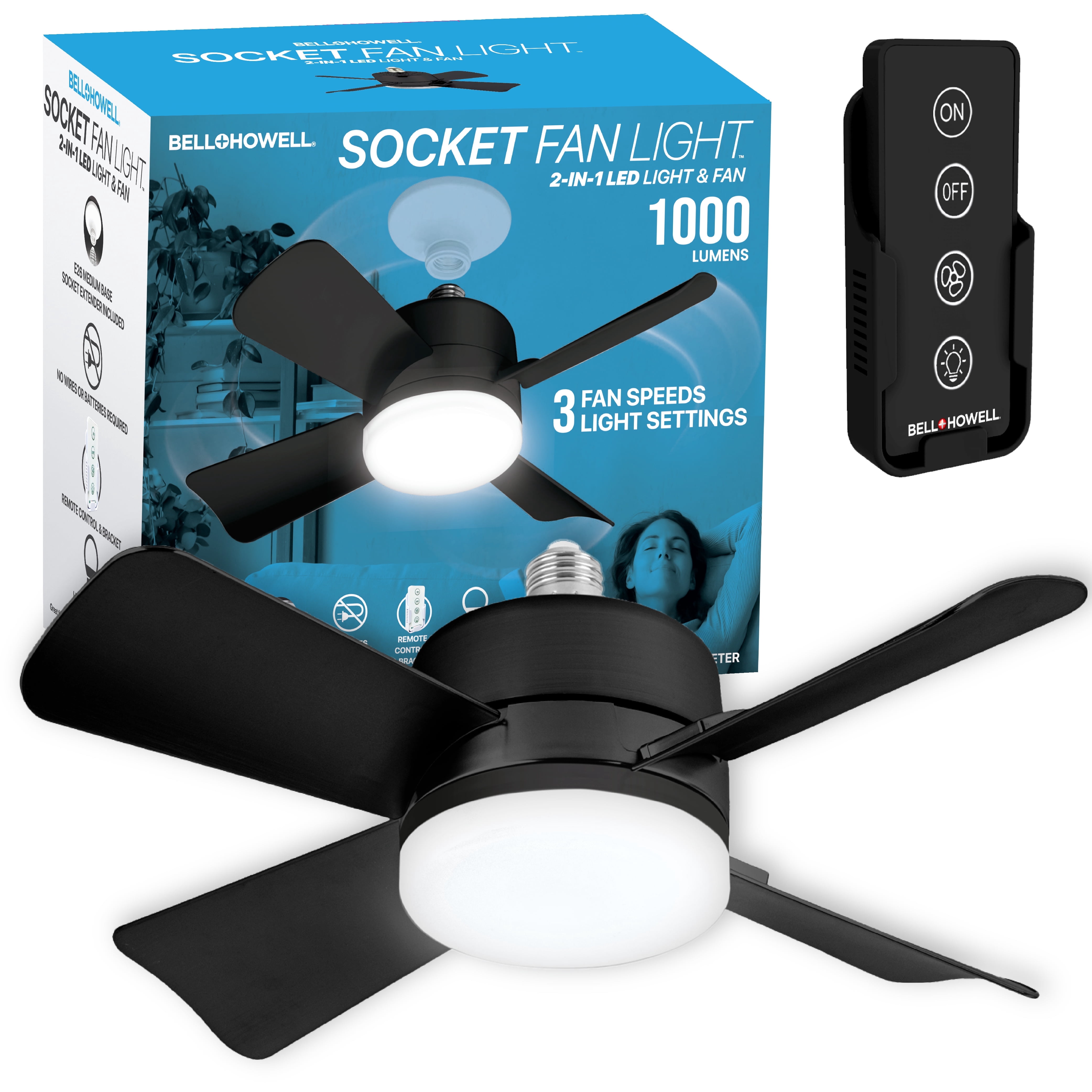 Bell + Howell Socket Breeze Ceiling Fan with LED Light and Remote (White, 15.4 in) ntcs1