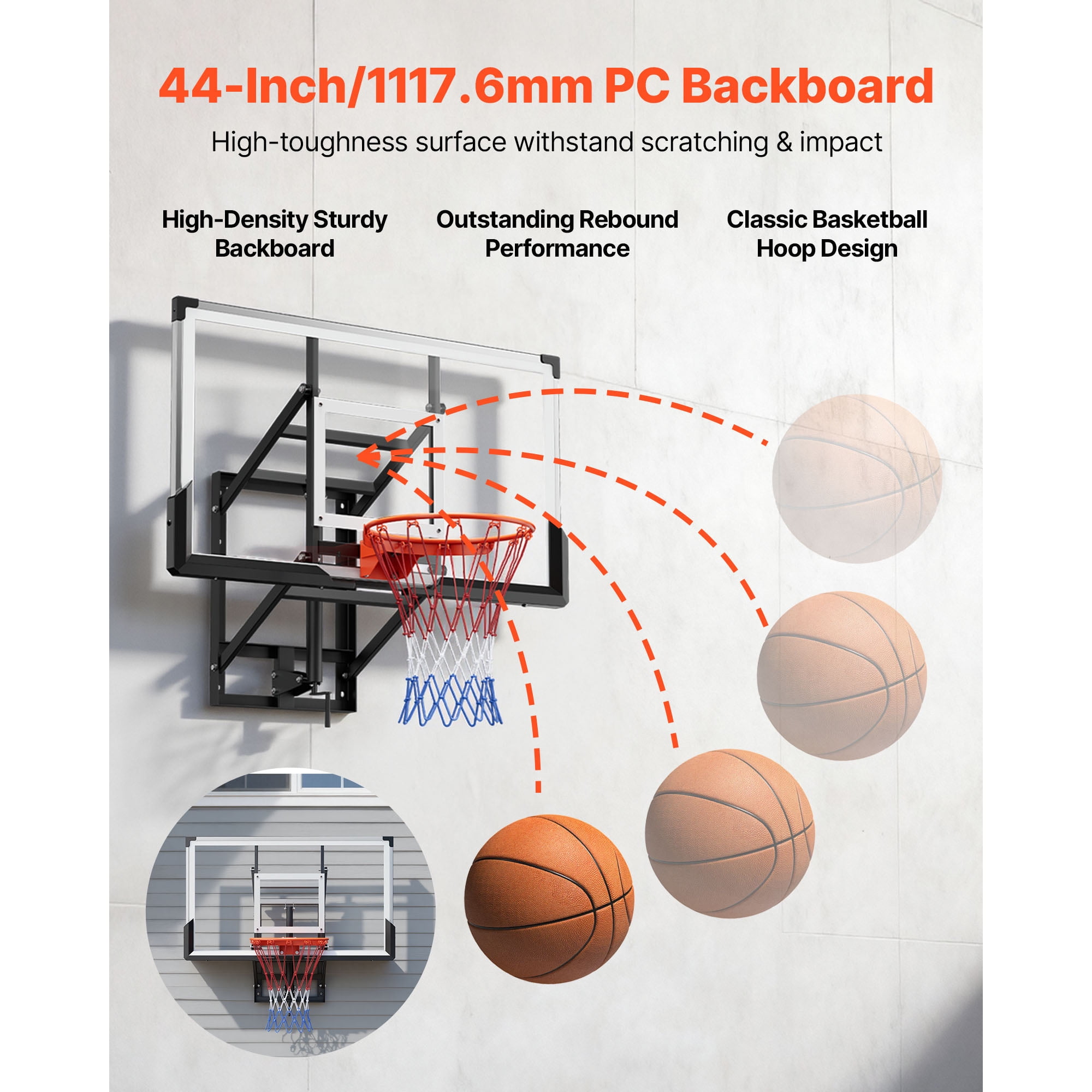 KFFKFF Wall-Mounted Basketball Hoop, 54-inch Polycarbonate Backboard with Hand-Crank Height Adjustment (Black, 54 in) 7t0oe