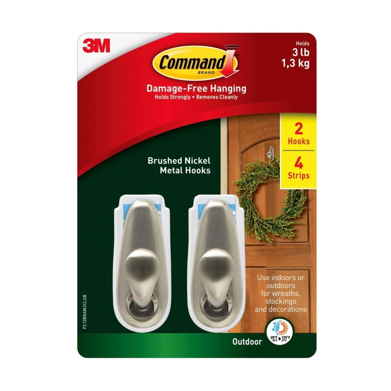 Command Outdoor Forever Classic Medium Metal Hooks (Brushed Nickel, 2 Pack) 30172