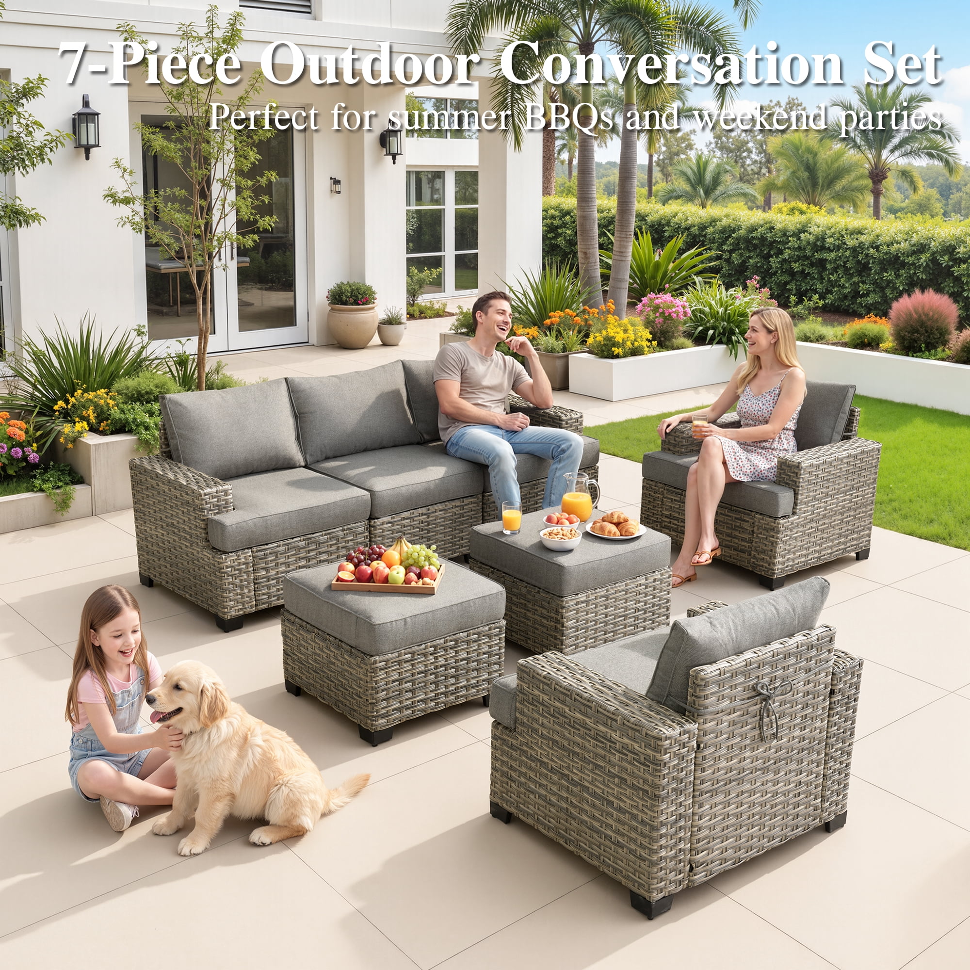 Ovios 7-Piece Outdoor Patio Furniture Set, All-Weather Rattan Wicker Sectional Sofa with Club Chairs and Ottomans (Dark Gray, 7-Piece) zea90
