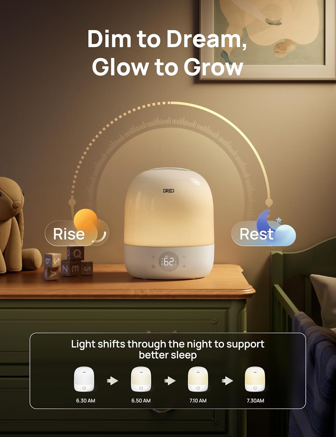 DREO Smart Cool Mist Humidifier for Bedroom and Nursery, Ultra Quiet Ultrasonic Air Humidifier with App Control and RGB Night Light (White, 0.79 gal) wb3av