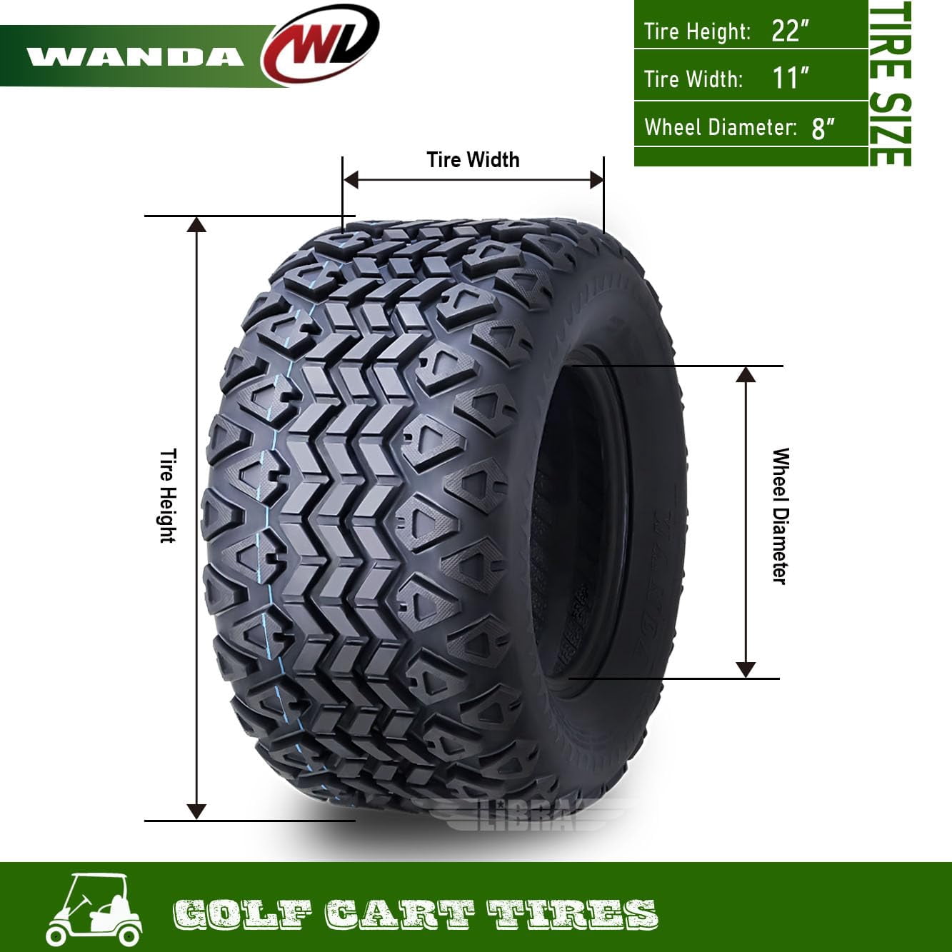 WANDA Golf Cart ATV Tires 22x11-8 4-Ply All-Terrain Replacement (Set of 2) 86mhi