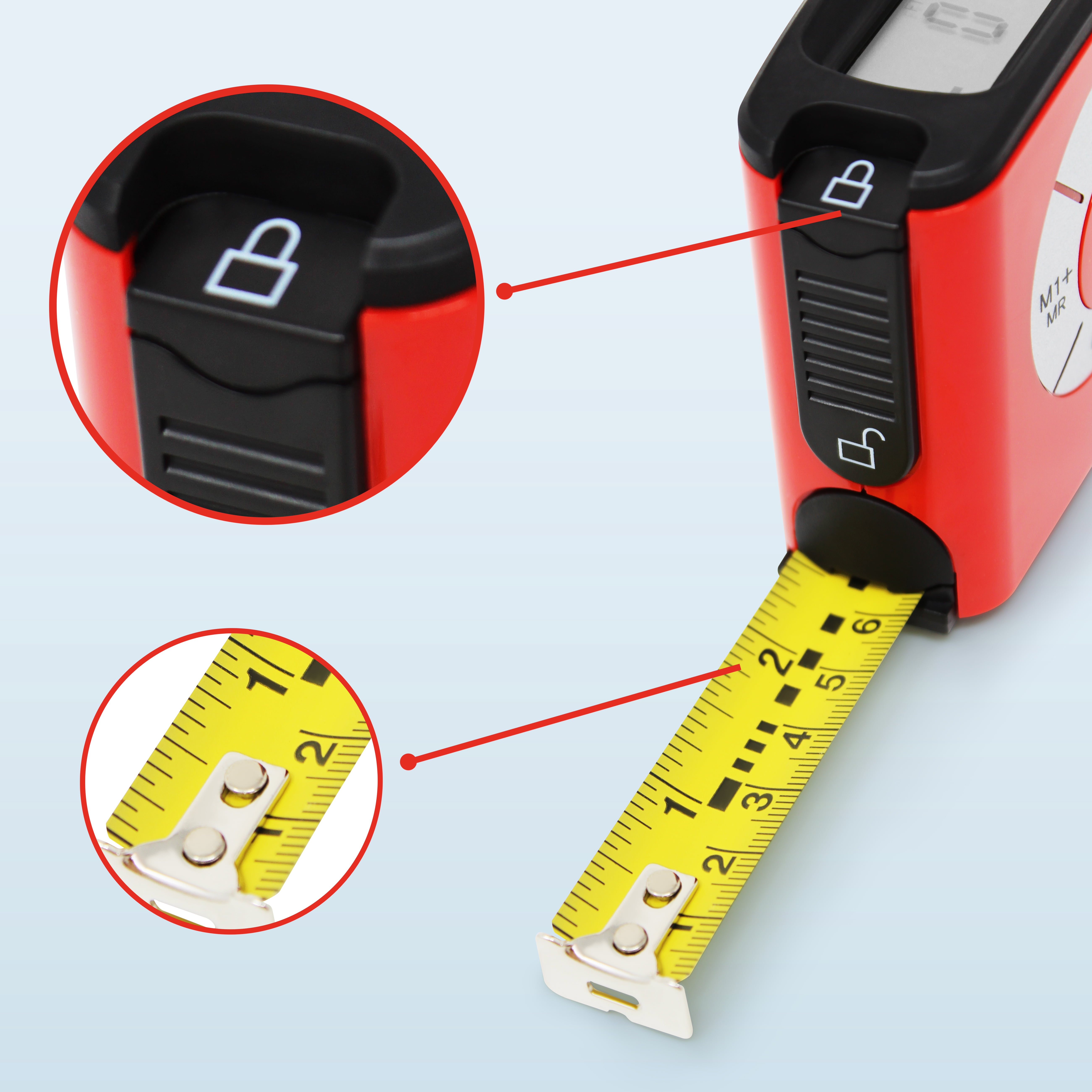 HISS Digital Tape Measure with Large LCD Screen, Accurate Measurement Tool (Red, 16 ft) adhz2