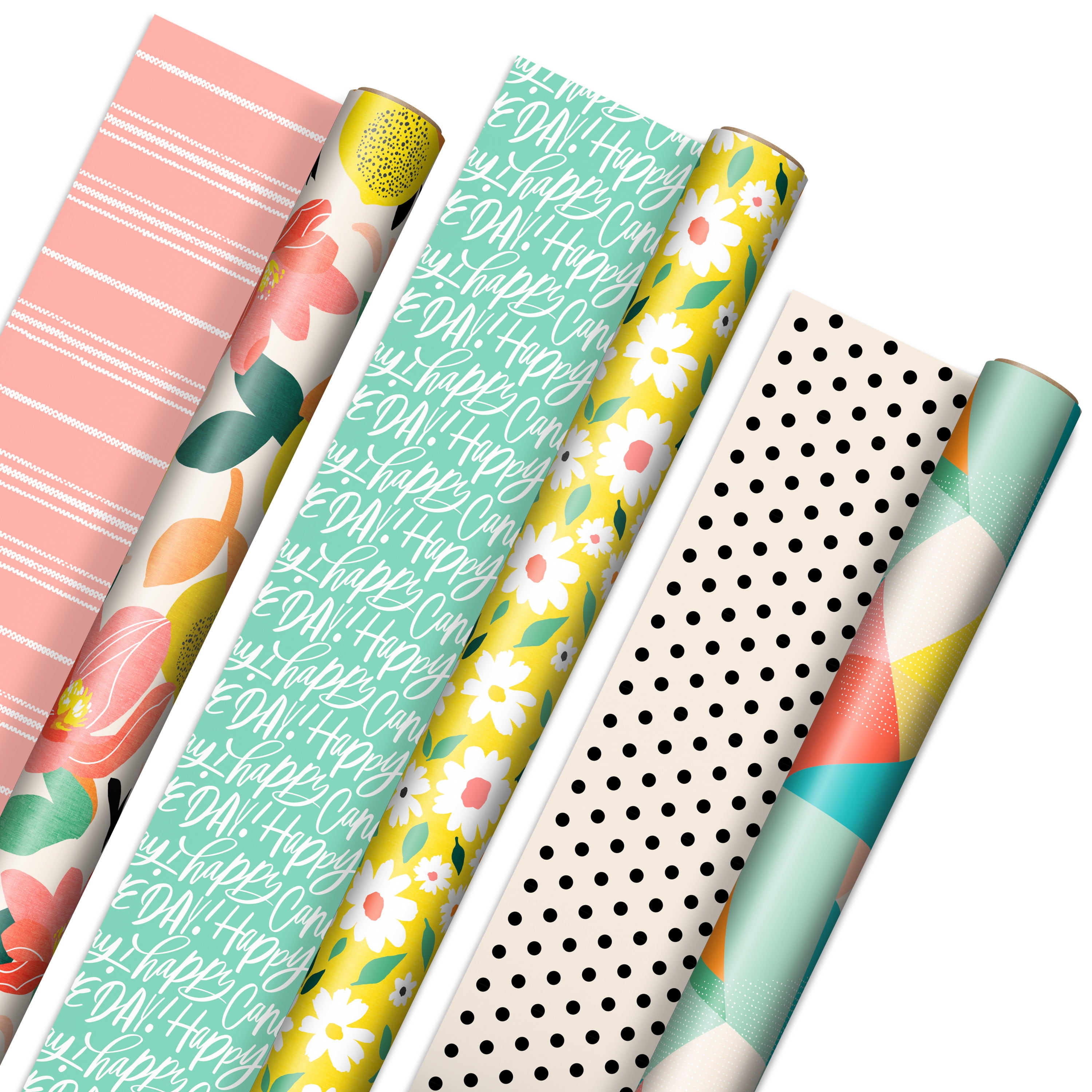 Hallmark Reversible Wrapping Paper Set (Floral, Lemon, Abstract Designs, 3 Rolls, 75 sq ft Total) yda5t