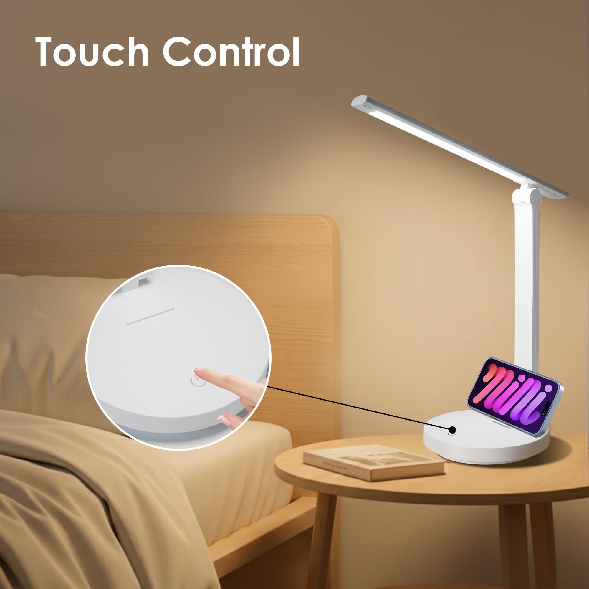 Volivo Rechargeable LED Desk Lamp, Eye-Care Dimmable Office Light with Phone Holder (White, 9.85 in Head) kn8w8