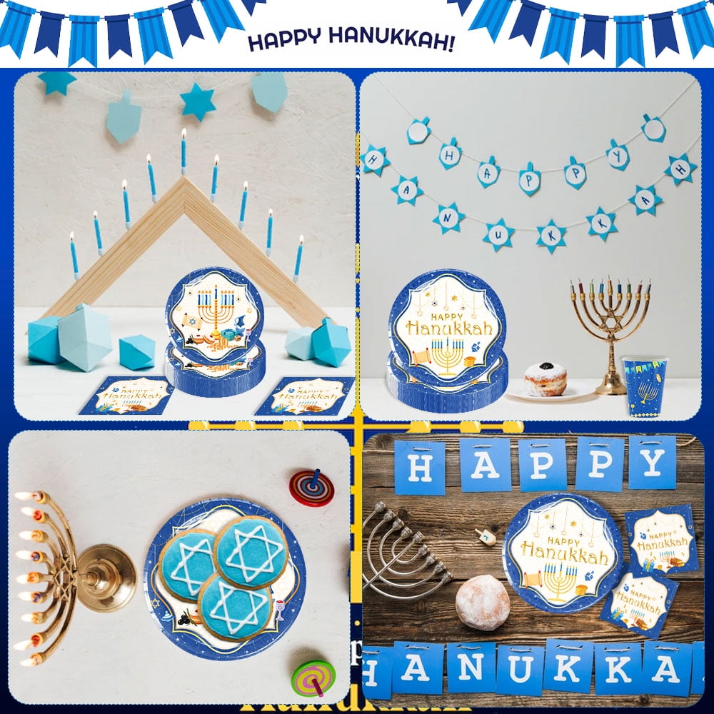 MSJEHQI Hanukkah Party Dinnerware Set, Disposable Plates, Cups, and Napkins for 24 Guests (Blue, 96 Piece Set) csxdc