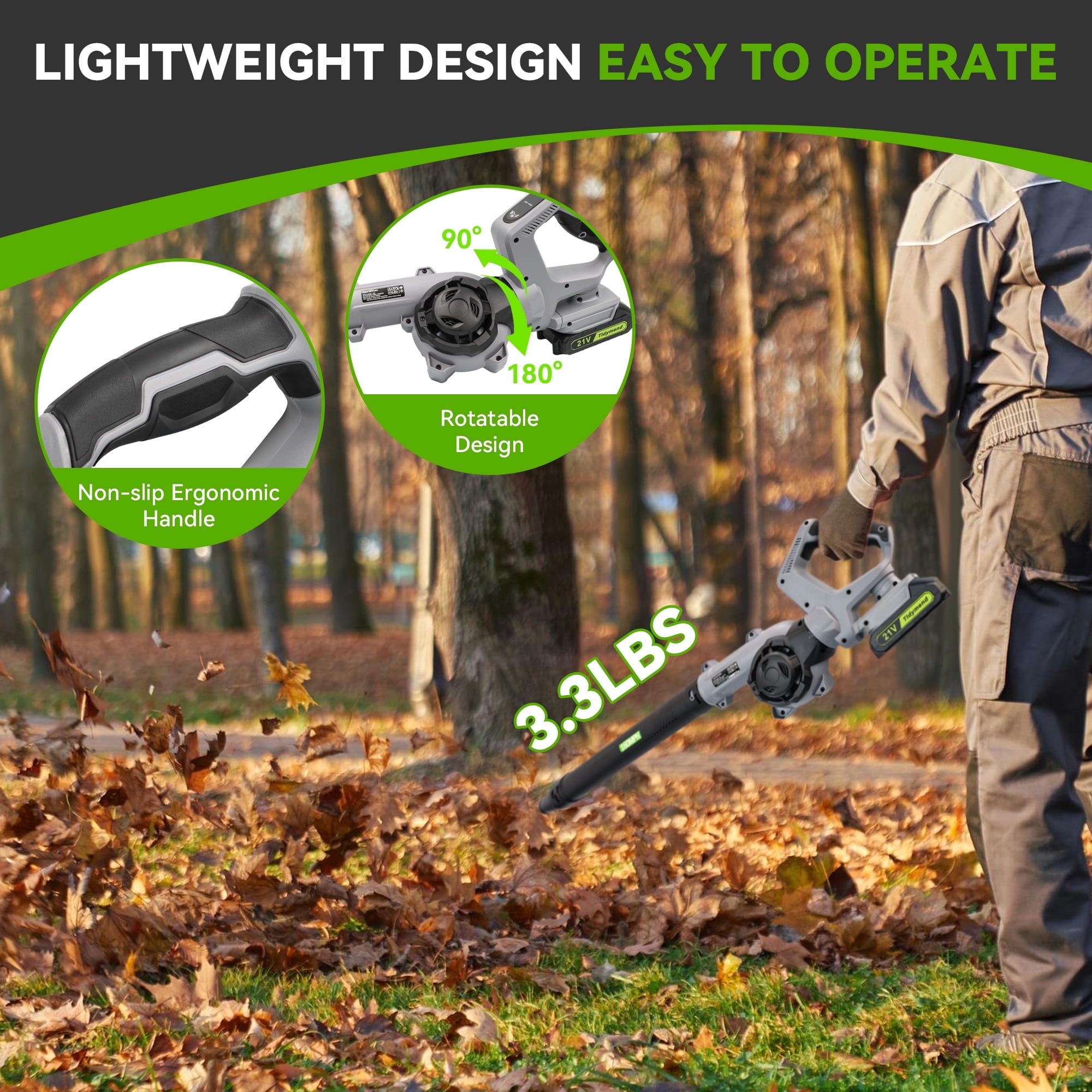 Sentryse 20V Cordless Leaf Blower, Lightweight Electric Yard Sweeper with 2 Batteries and 3 Nozzles (1.87 lb) 6otep