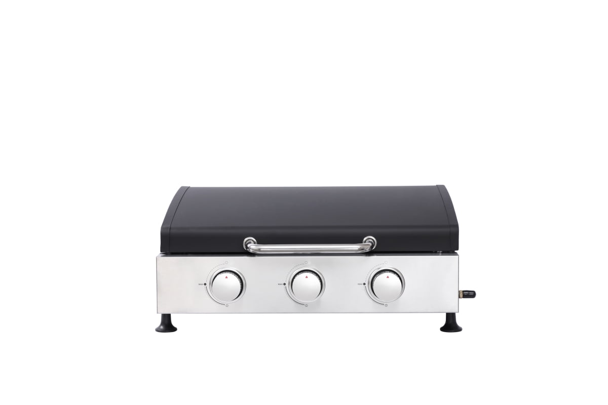 GORTES 3-Burner Gas Grill, Stainless Steel Outdoor BBQ with Teppanyaki Plate and Cast Iron Grates (Silver, 391 sq. in.) 3i5t0
