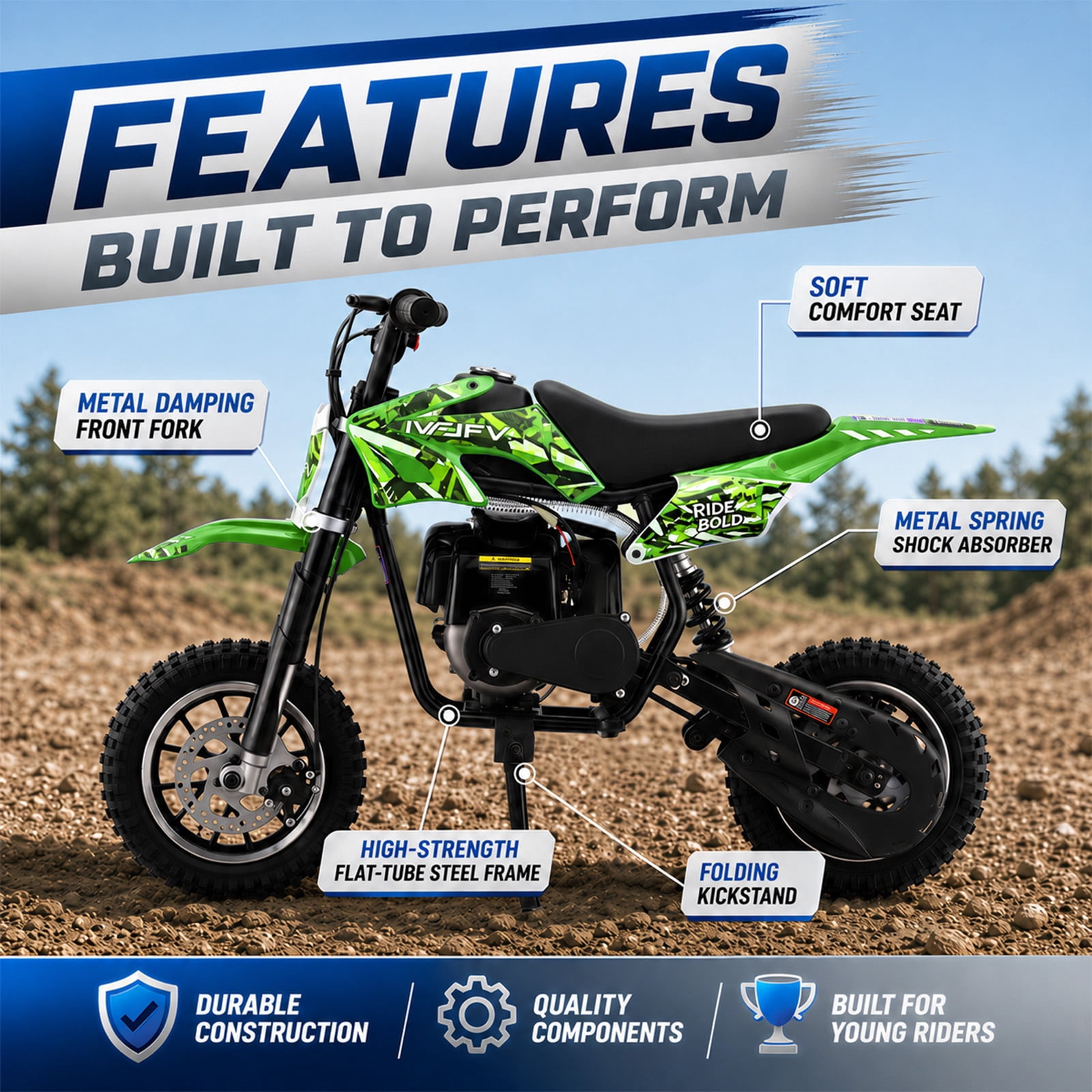 IVFJFV 39cc 4-Stroke Gas Dirt Bike for Beginners, Mini Off-Road Motorcycle with Disc Brakes and Rear Suspension (Green, 48 lb) 5981e