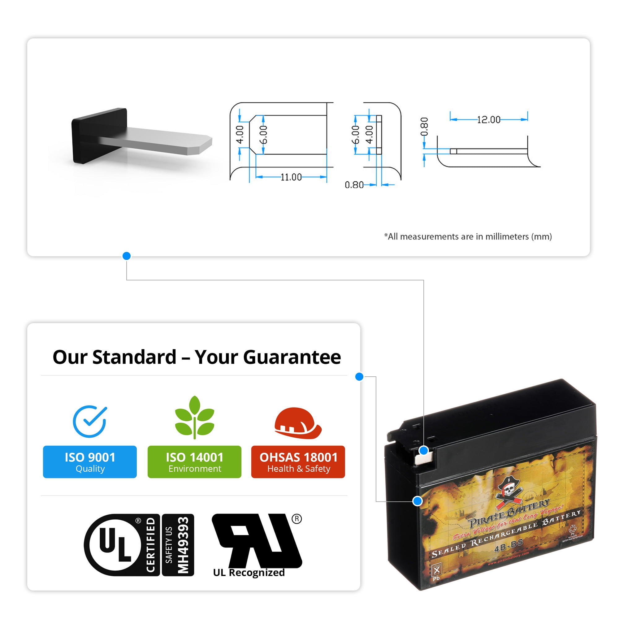 Pirate Battery YT4B-BS Sealed AGM Motorcycle Battery (12V, 2.3Ah, 40CCA) Rechargeable Replacement (4.45 in x 1.5 in x 3.35 in) fnrrd