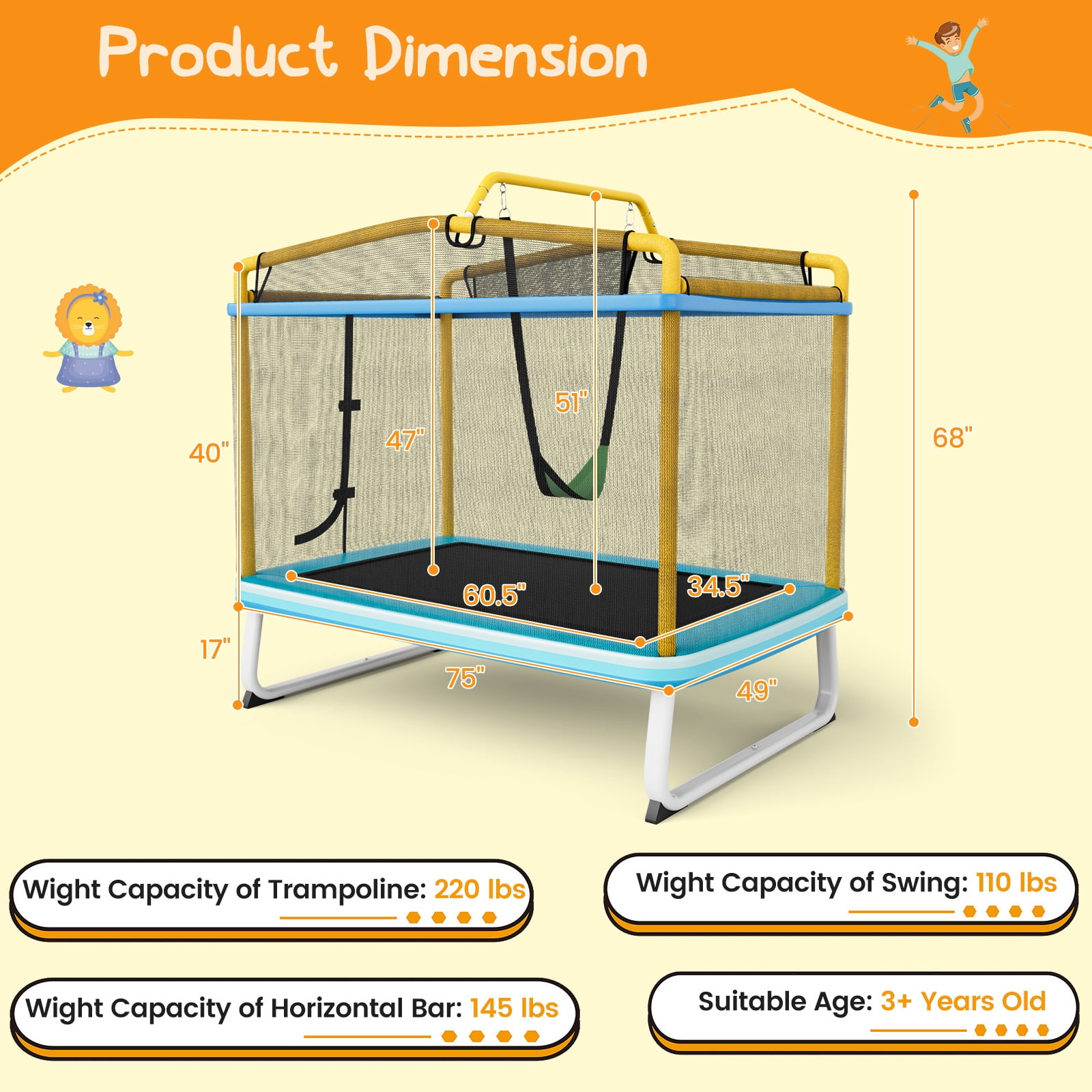 Topbuy 3-in-1 Kids Trampoline with Swing and Horizontal Bar (Yellow, 6 ft) gmhyd