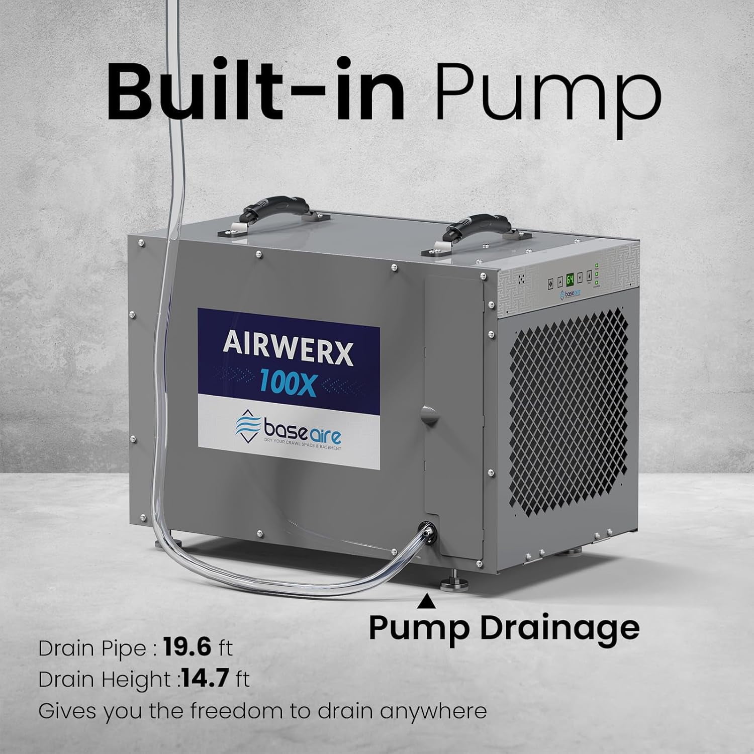 BaseAire Commercial Crawlspace Dehumidifier with Built-in Pump and Drain Hose (Grey, 220 Pints) 70mvq