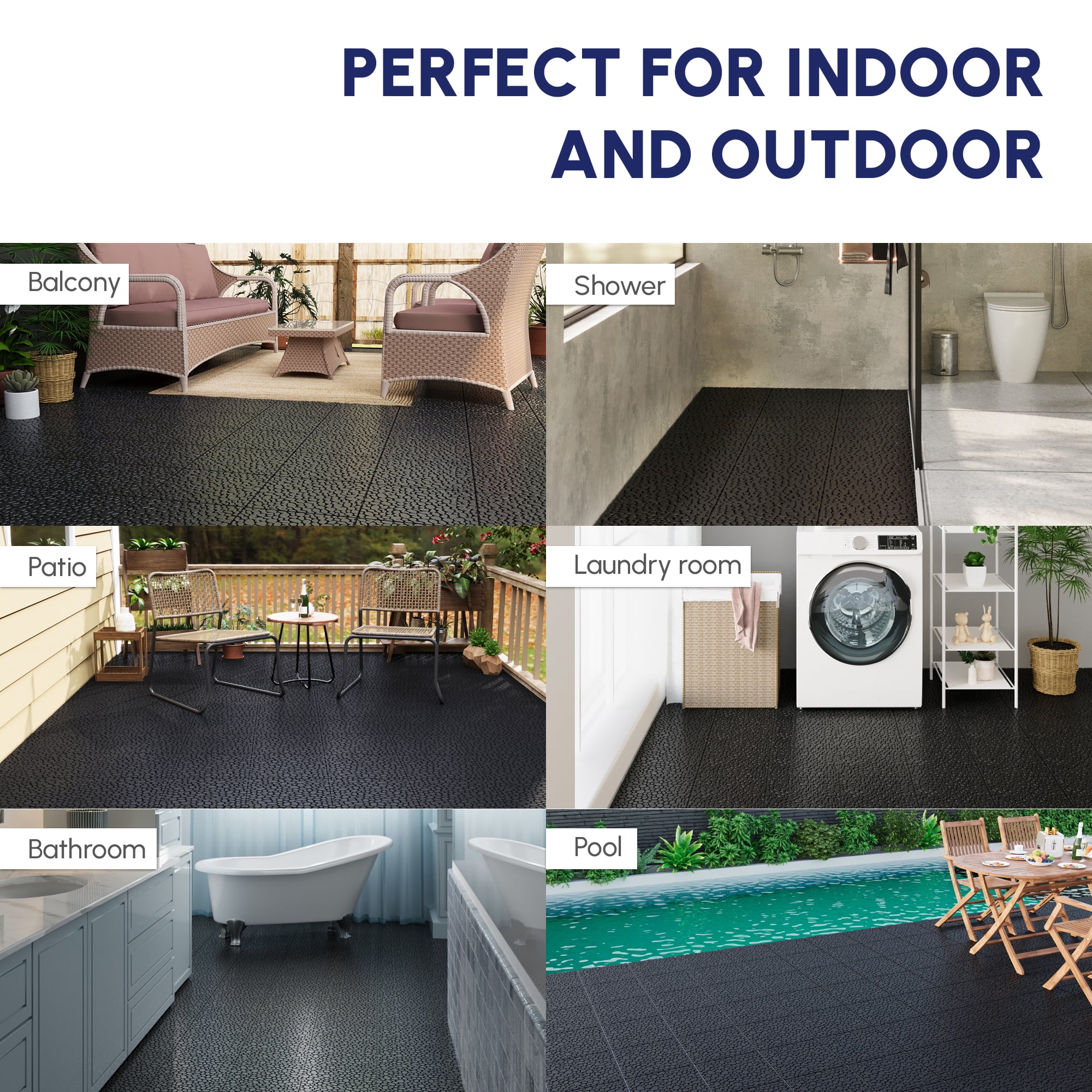 Jopath Interlocking Deck Tiles, Waterproof Outdoor Flooring with Pebble Stone Pattern (Black, 60 Pack, 12 in x 12 in) thotv