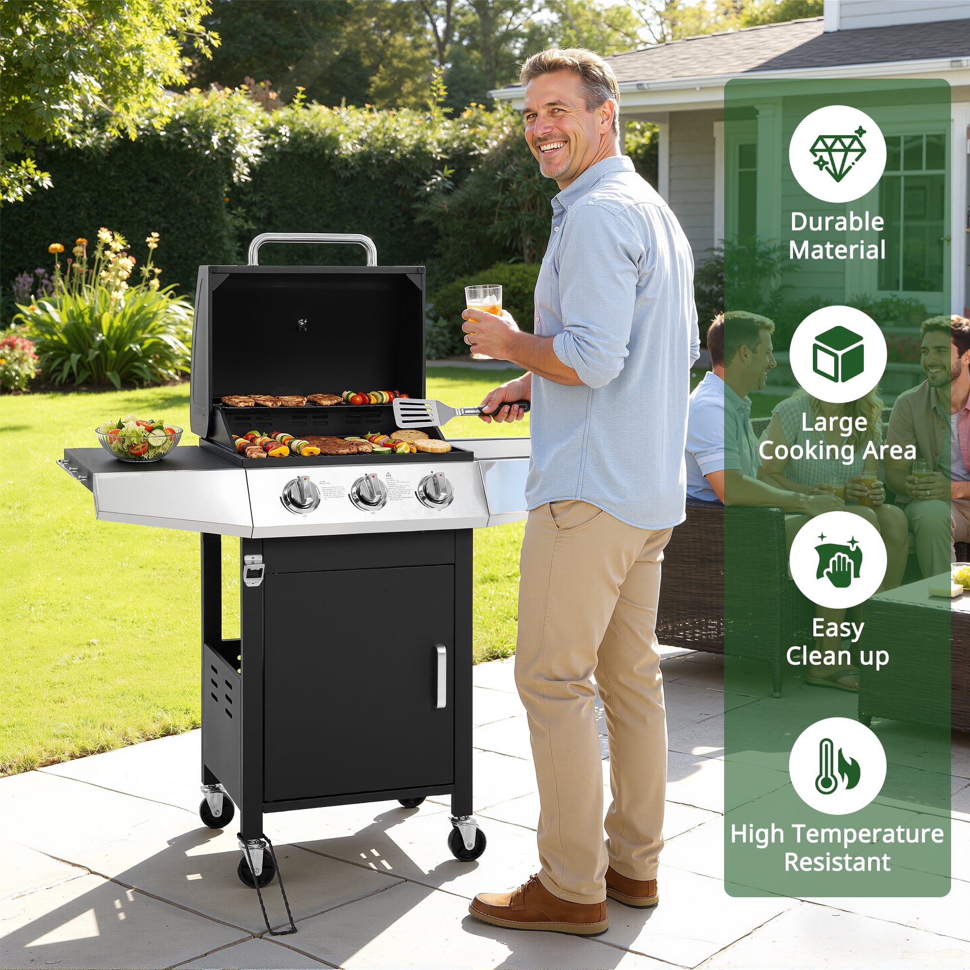 Seizeen 3-Burner Propane Gas Grill with Side Burner and Storage Cabinet (Black, 40,000 BTU) eqsts
