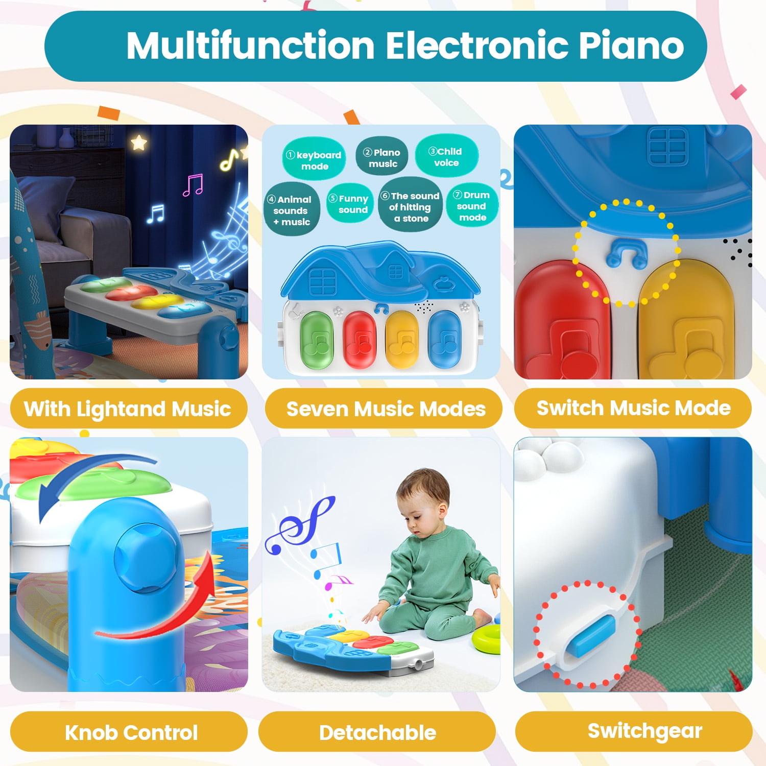 WonderStone 2-in-1 Baby Gym Playmat and Tummy Time Water Mat with Sensory Toys and Musical Piano (Blue, 27.5 x 20 in) 08zyo