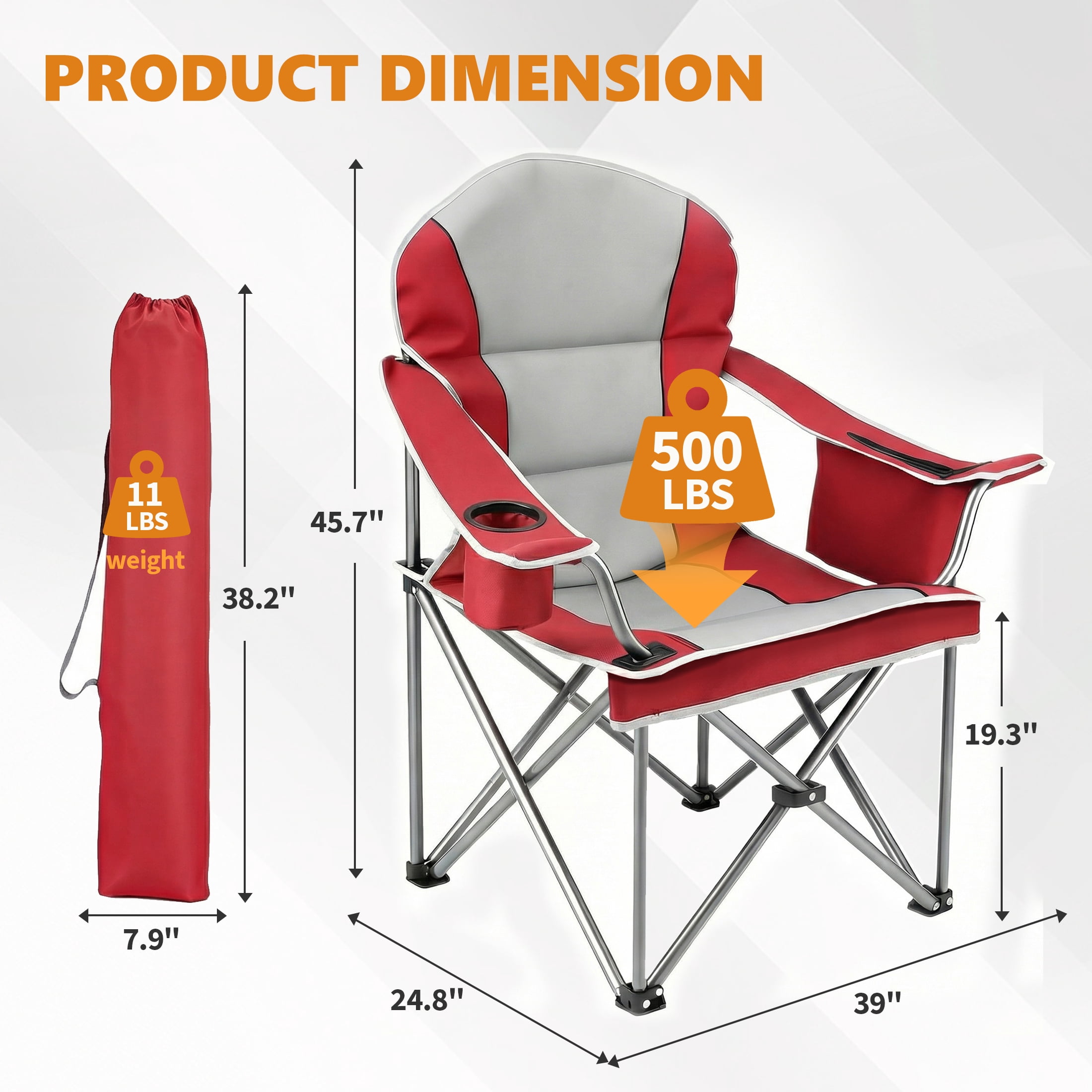 EDX Heavy Duty Camping Chair, Oversized Folding Lawn Chair with Padded High Back and Cup Holder (Red, 500 lb Capacity) rqhyo