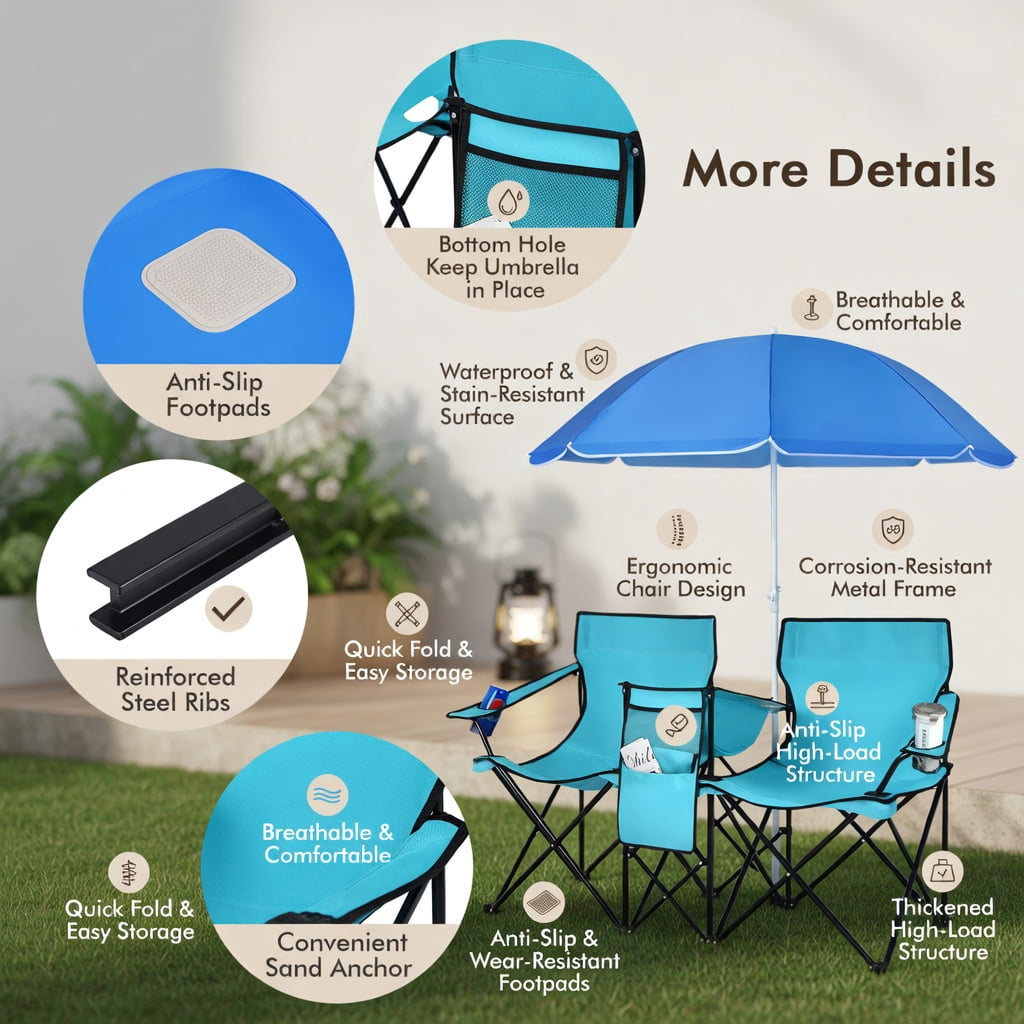 Topcobe Double Folding Picnic Chair with Umbrella and Cooler Bag (Turquoise, 2-Seat) il2p3