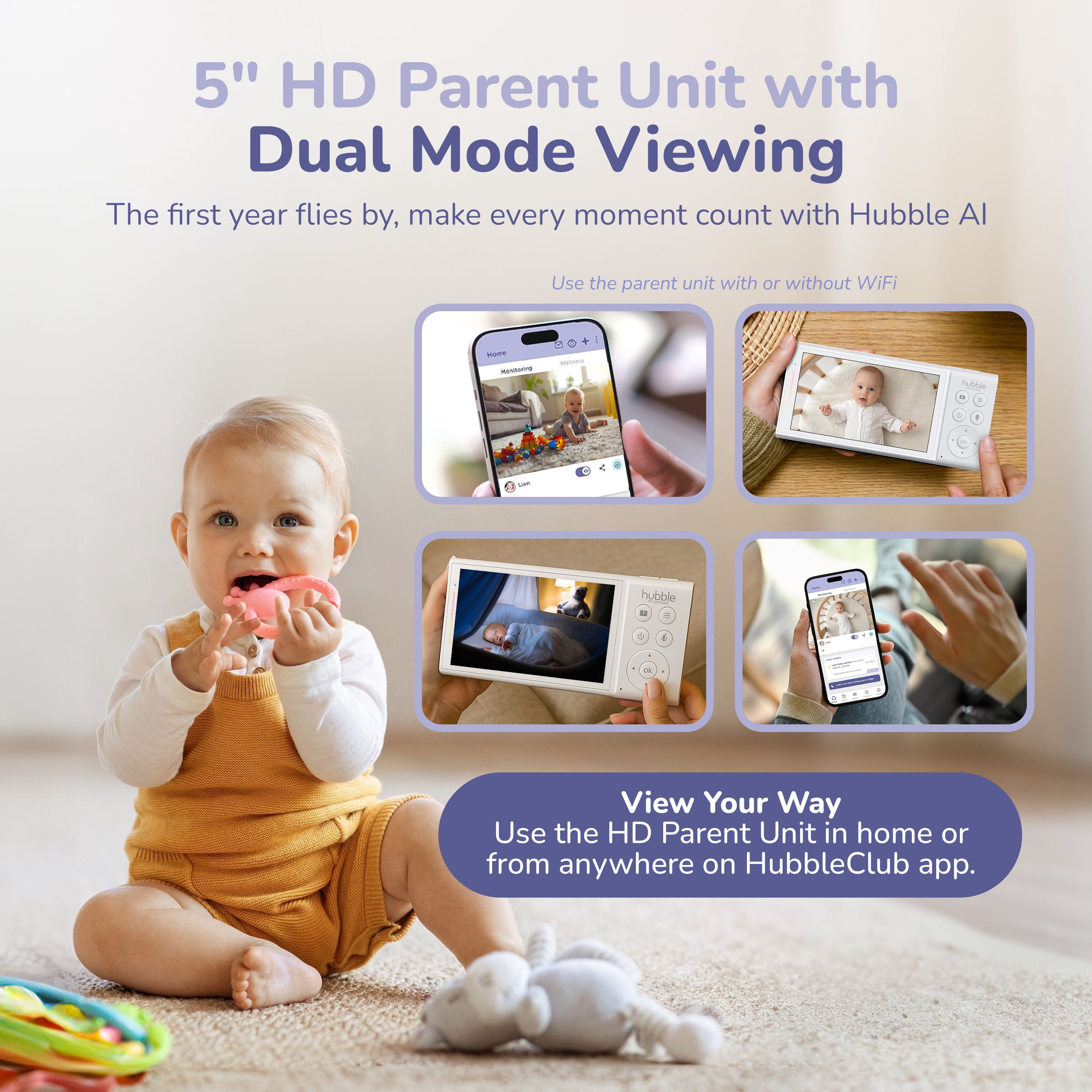 Hubble GoBaby AI Pro Twin Baby Monitor System with Dual 2K UHD Cameras and 5 in HD Parent Unit 0dqsa